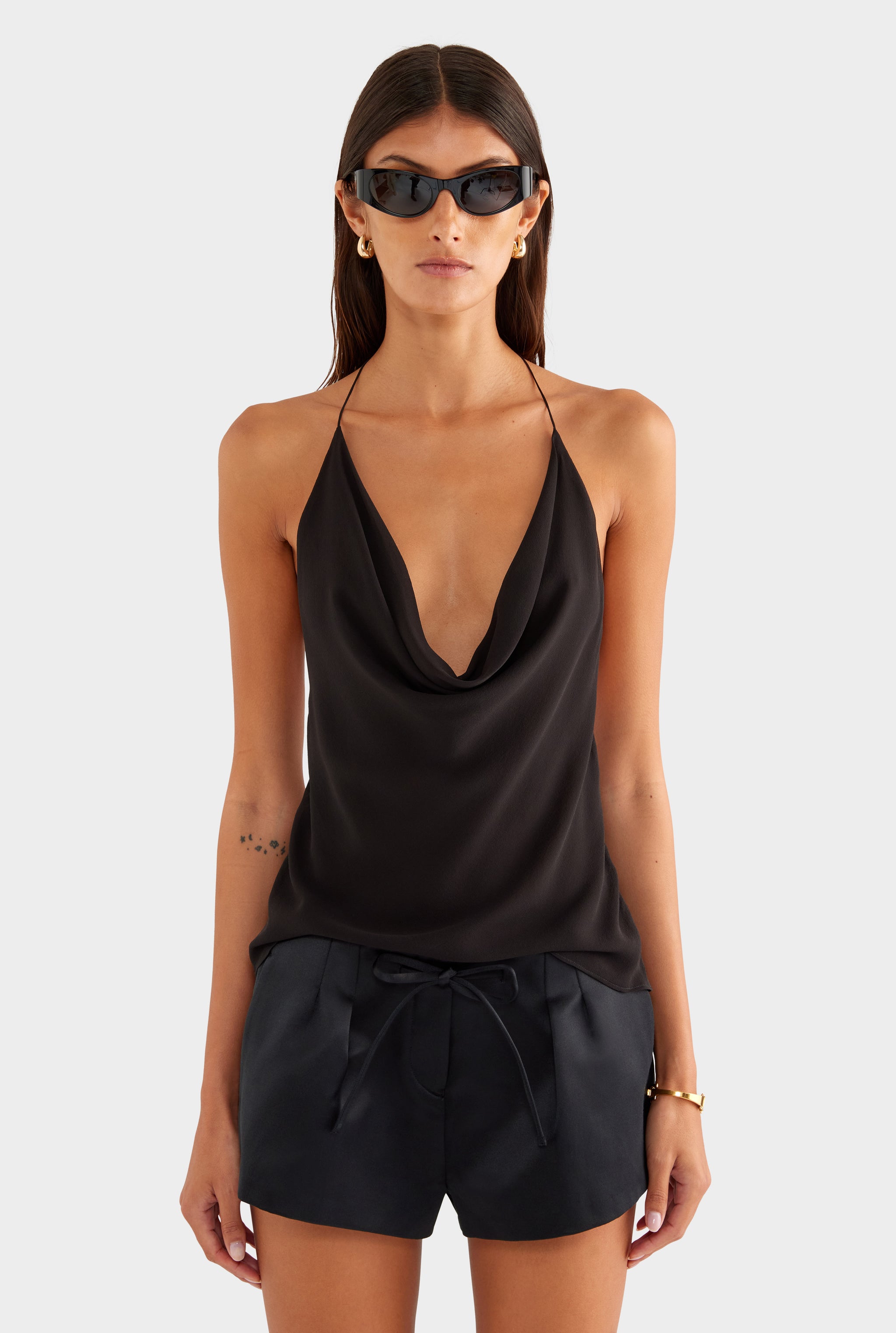 Silk Cowl Cross Back Halter - Black - XS