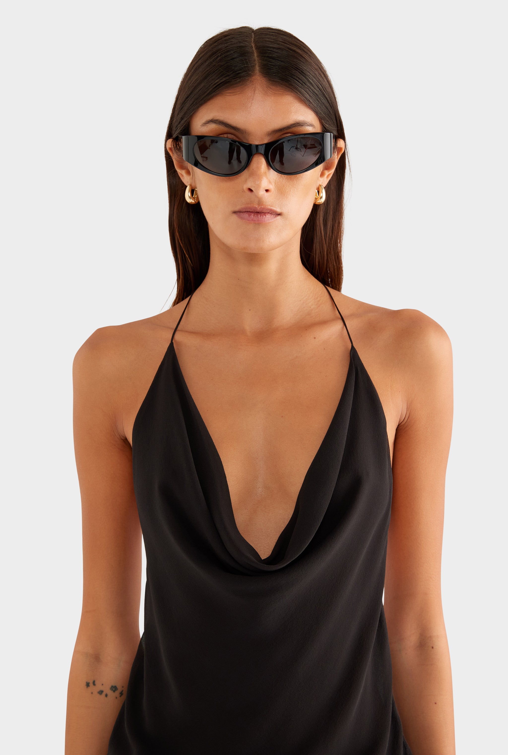 Silk Cowl Cross Back Halter - Black - XS