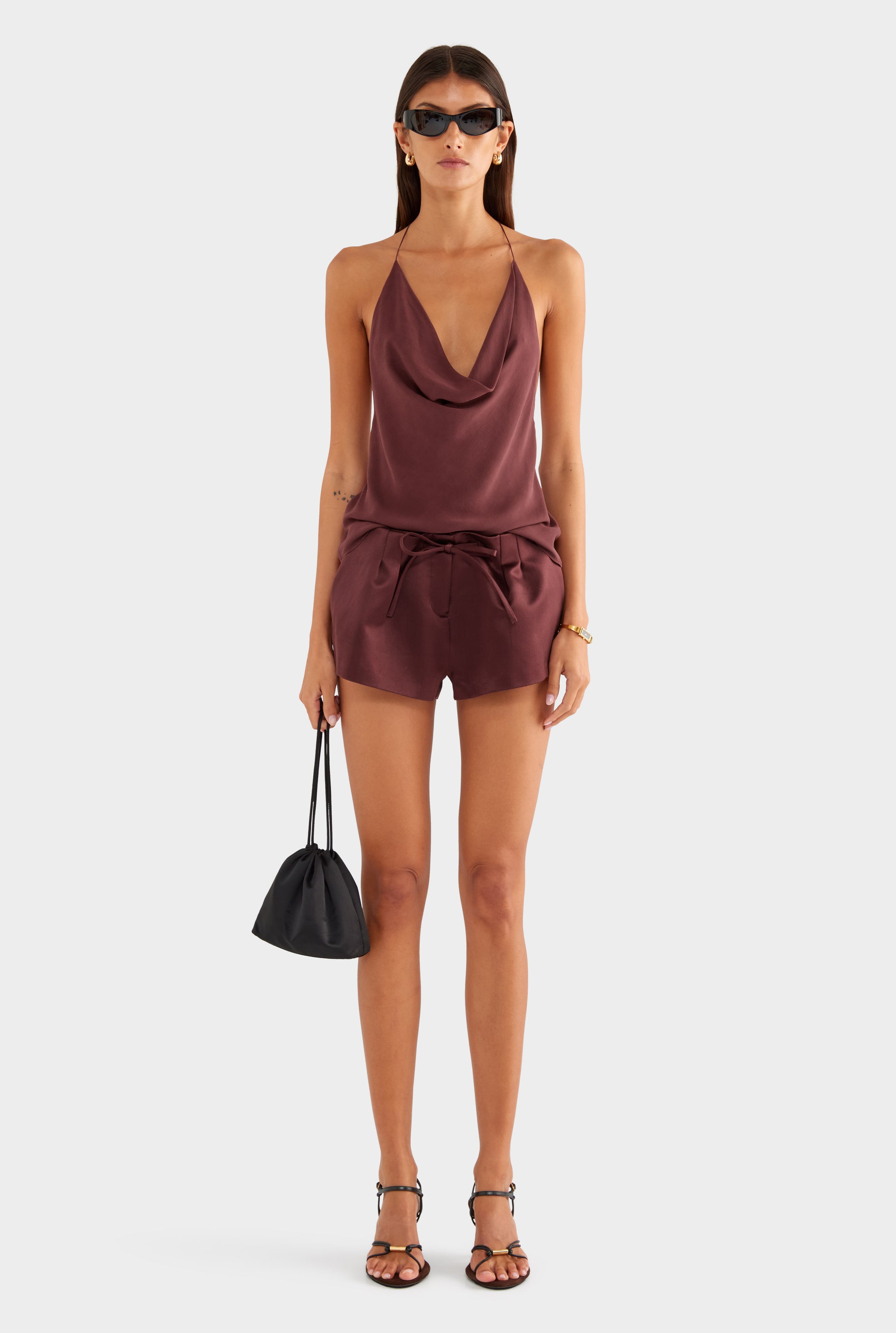 Silk Cowl Cross Back Halter - Dark Plum - XS
