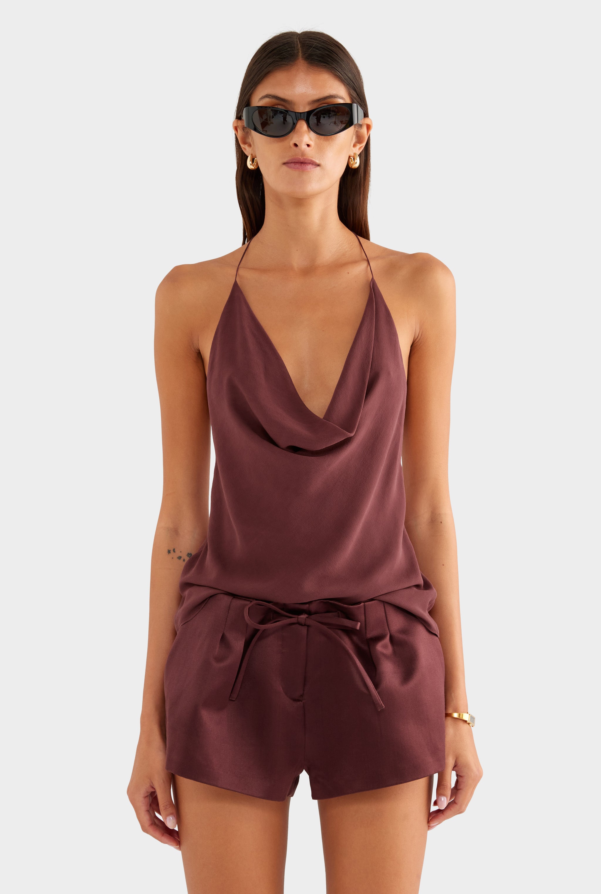 Silk Cowl Cross Back Halter - Dark Plum - XS