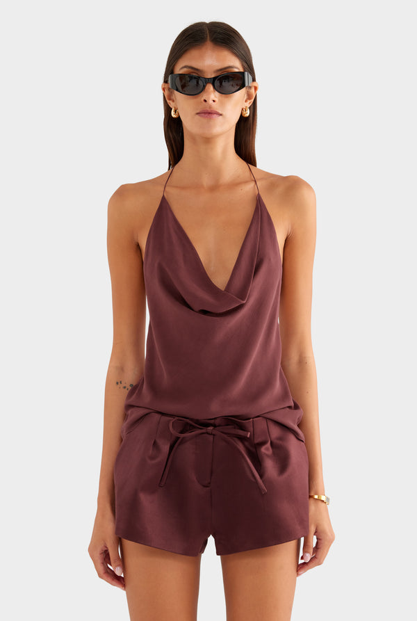 Silk Cowl Cross Back Halter - Dark Plum - XS