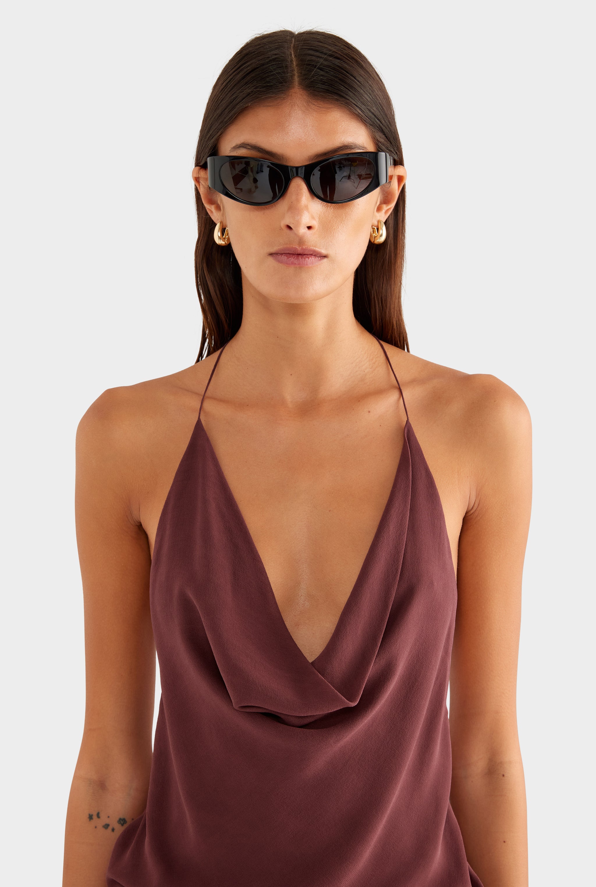Silk Cowl Cross Back Halter - Dark Plum - XS