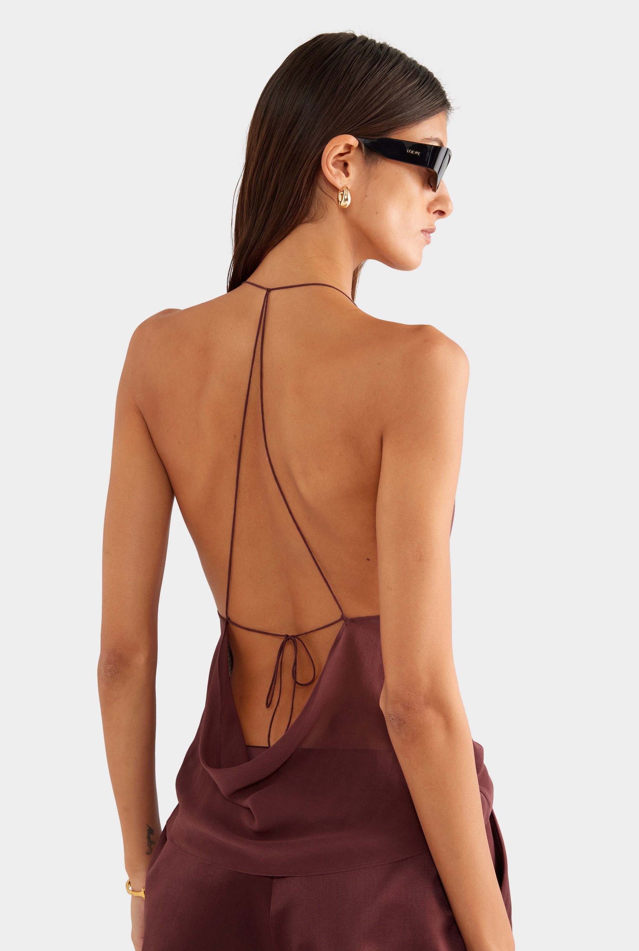 Silk Cowl Cross Back Halter - Dark Plum - XS