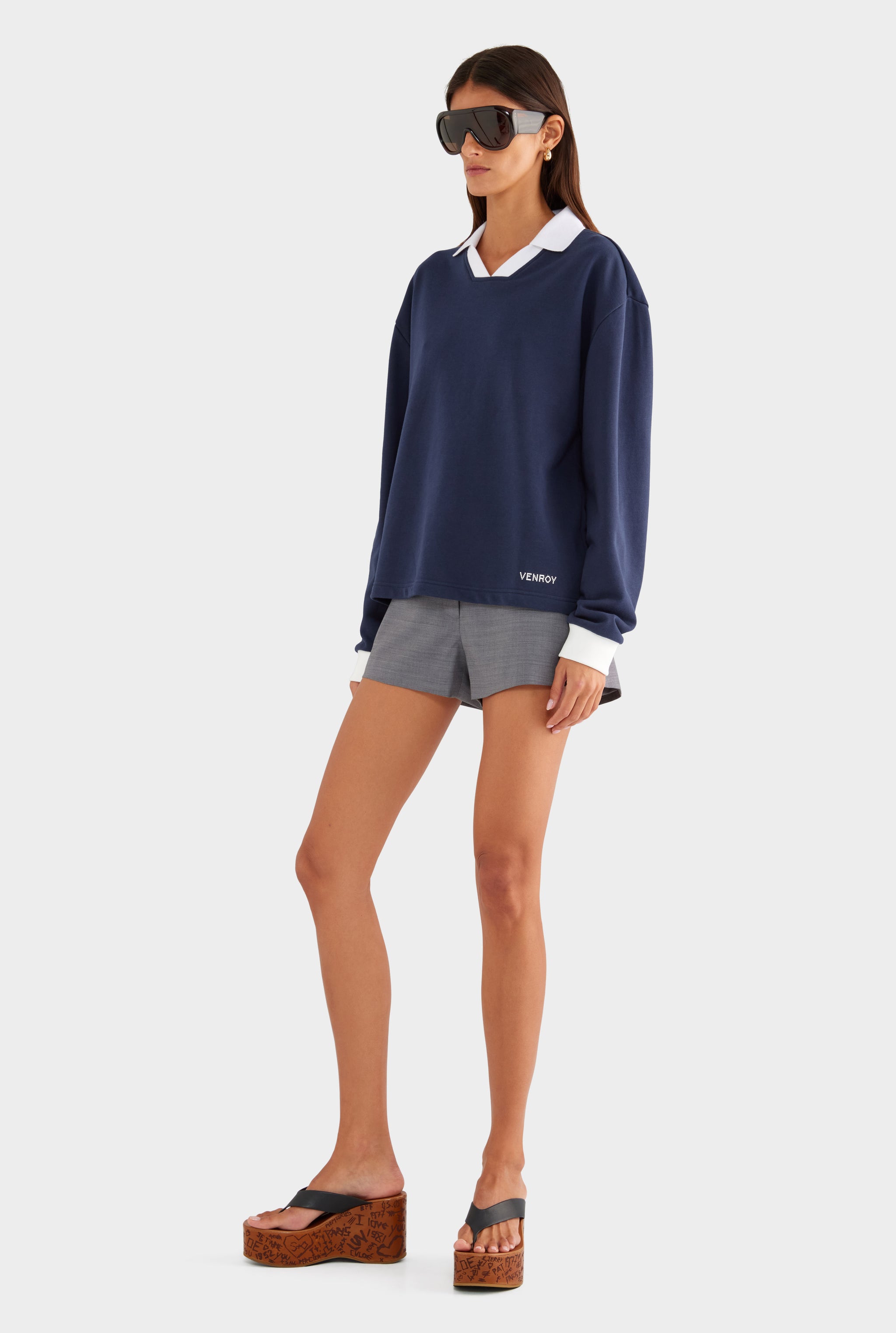 Cotton Long Sleeve Polo - Navy/Marseille Doily - XS