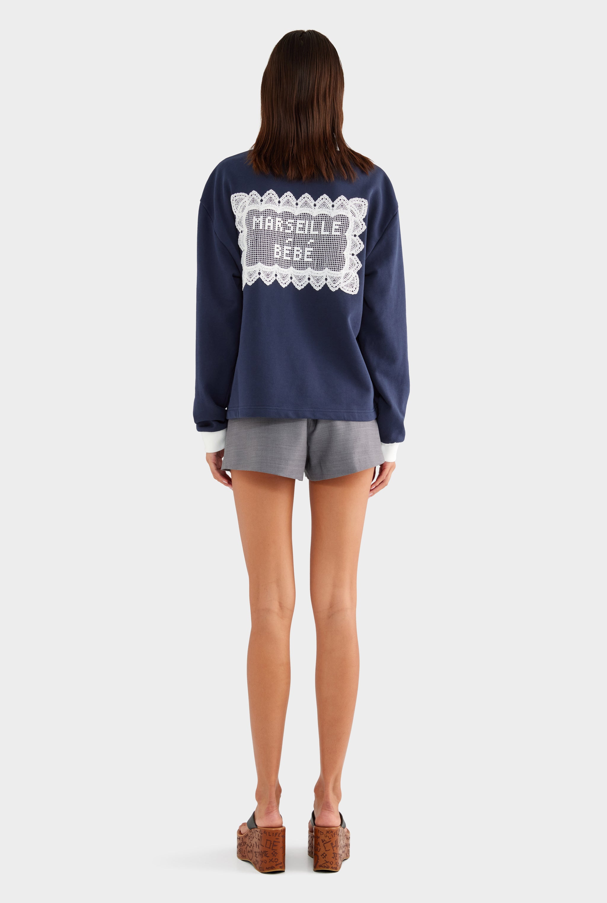 Cotton Long Sleeve Polo - Navy/Marseille Doily - XS