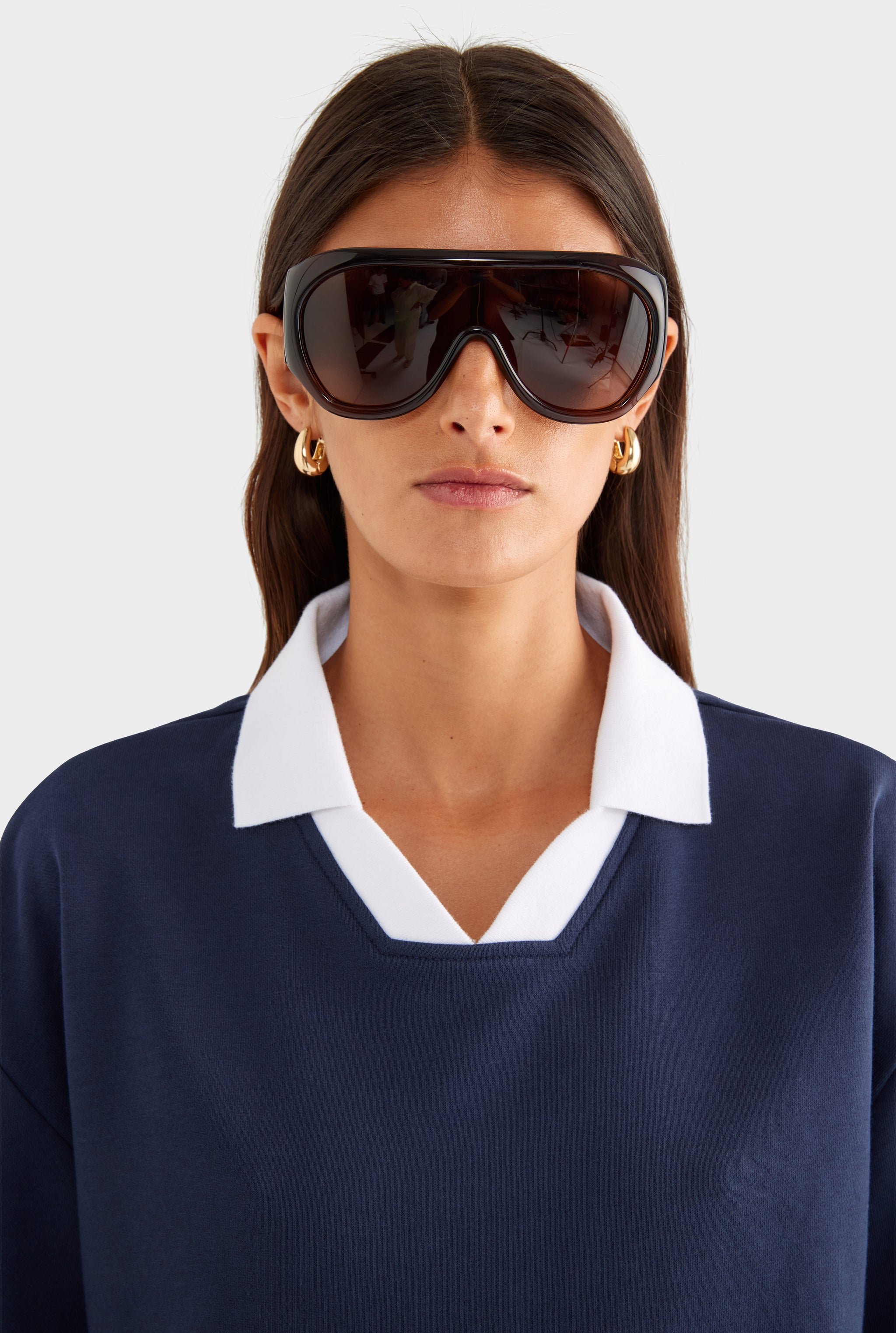 Cotton Long Sleeve Polo - Navy/Marseille Doily - XS