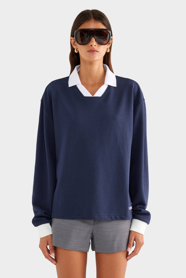 Cotton Long Sleeve Polo - Navy/Marseille Doily - XS