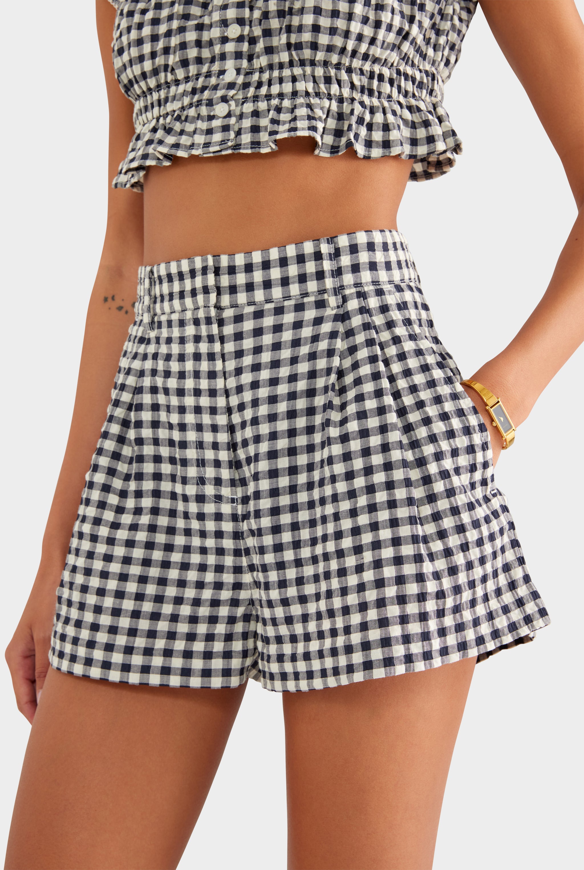 High Waisted Pleat Short - Navy/Cream Gingham - XS