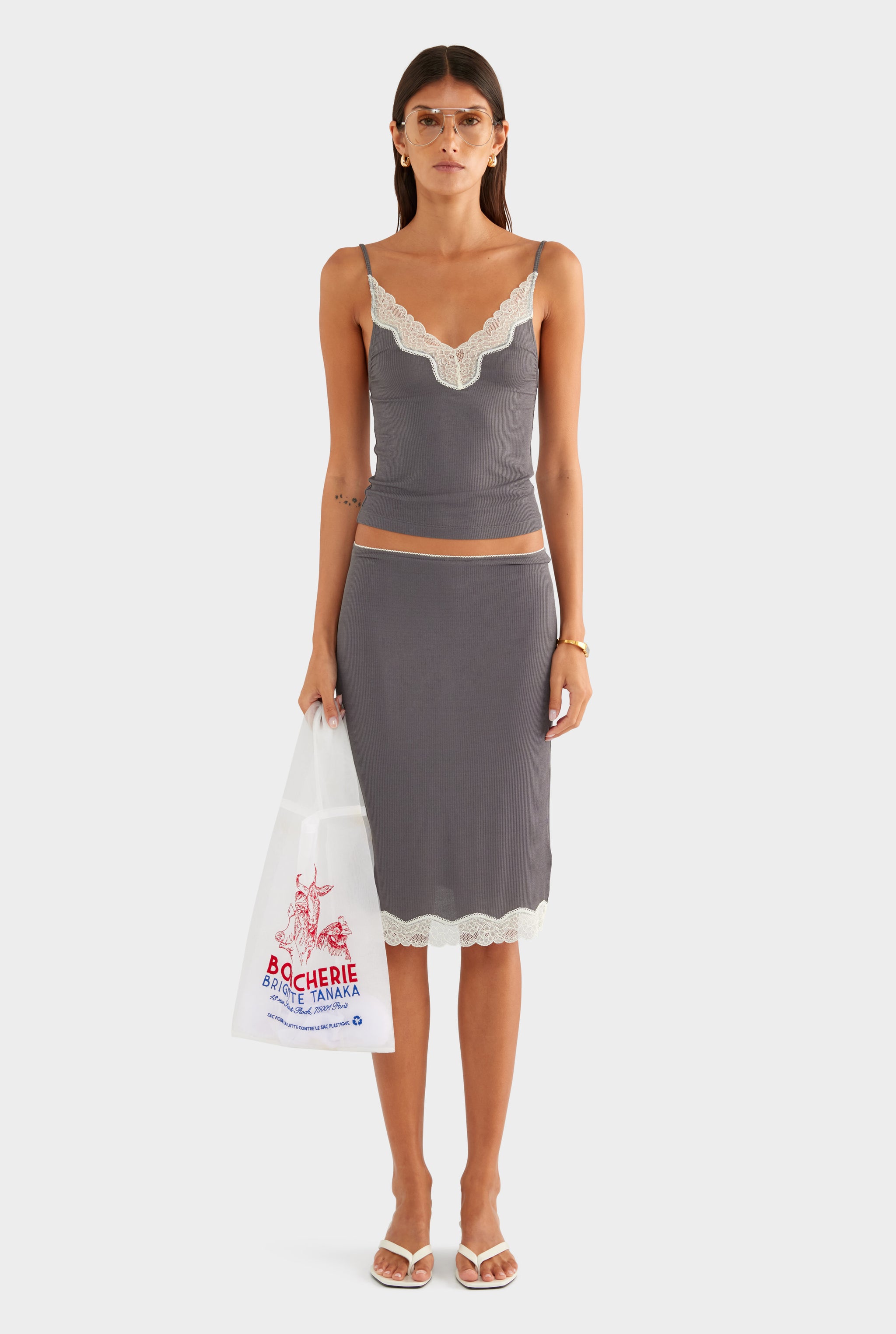 Lace Rib Cami - Dark Grey/Antique White - XS