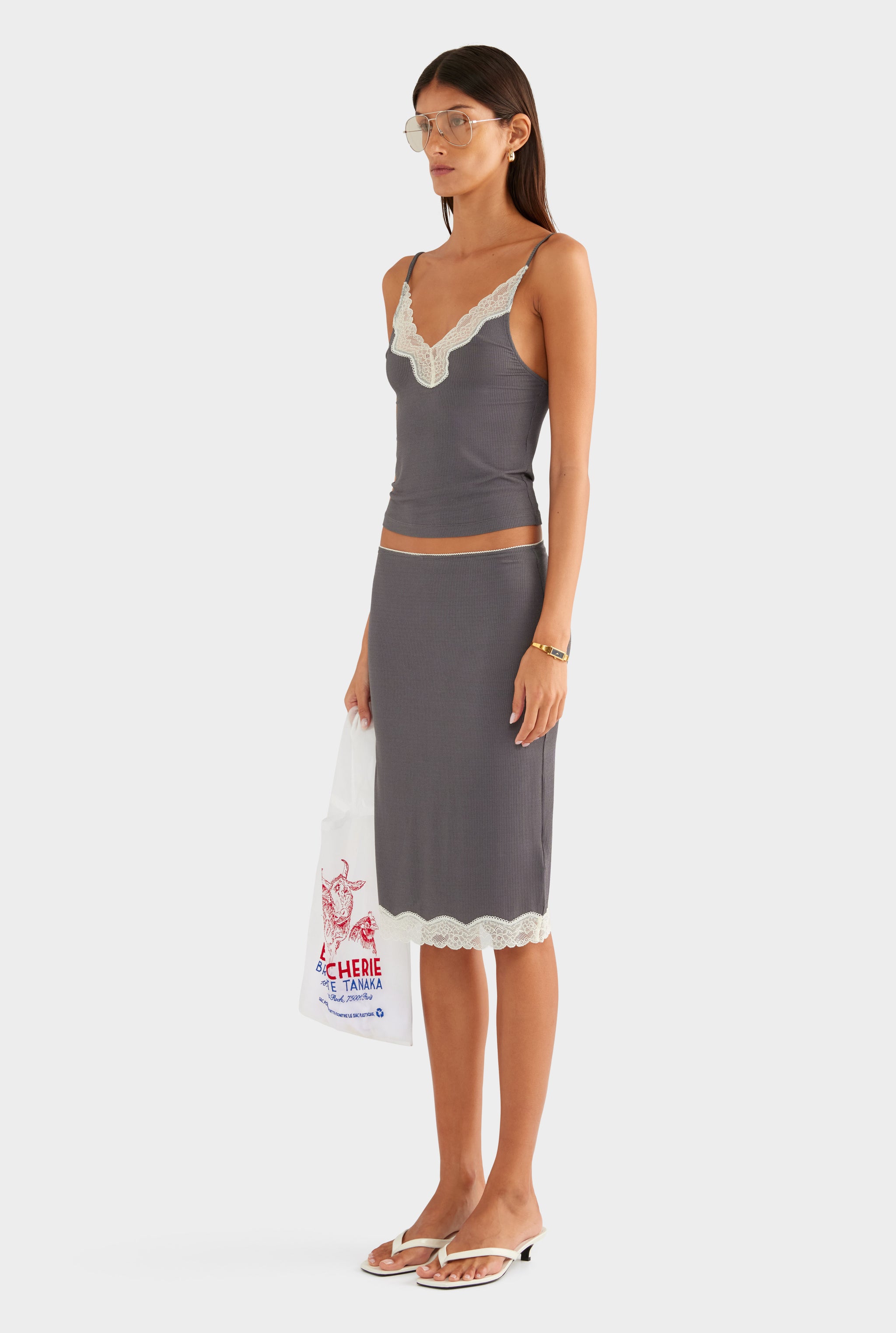 Lace Rib Midi Skirt - Dark Grey/Antique White - XS