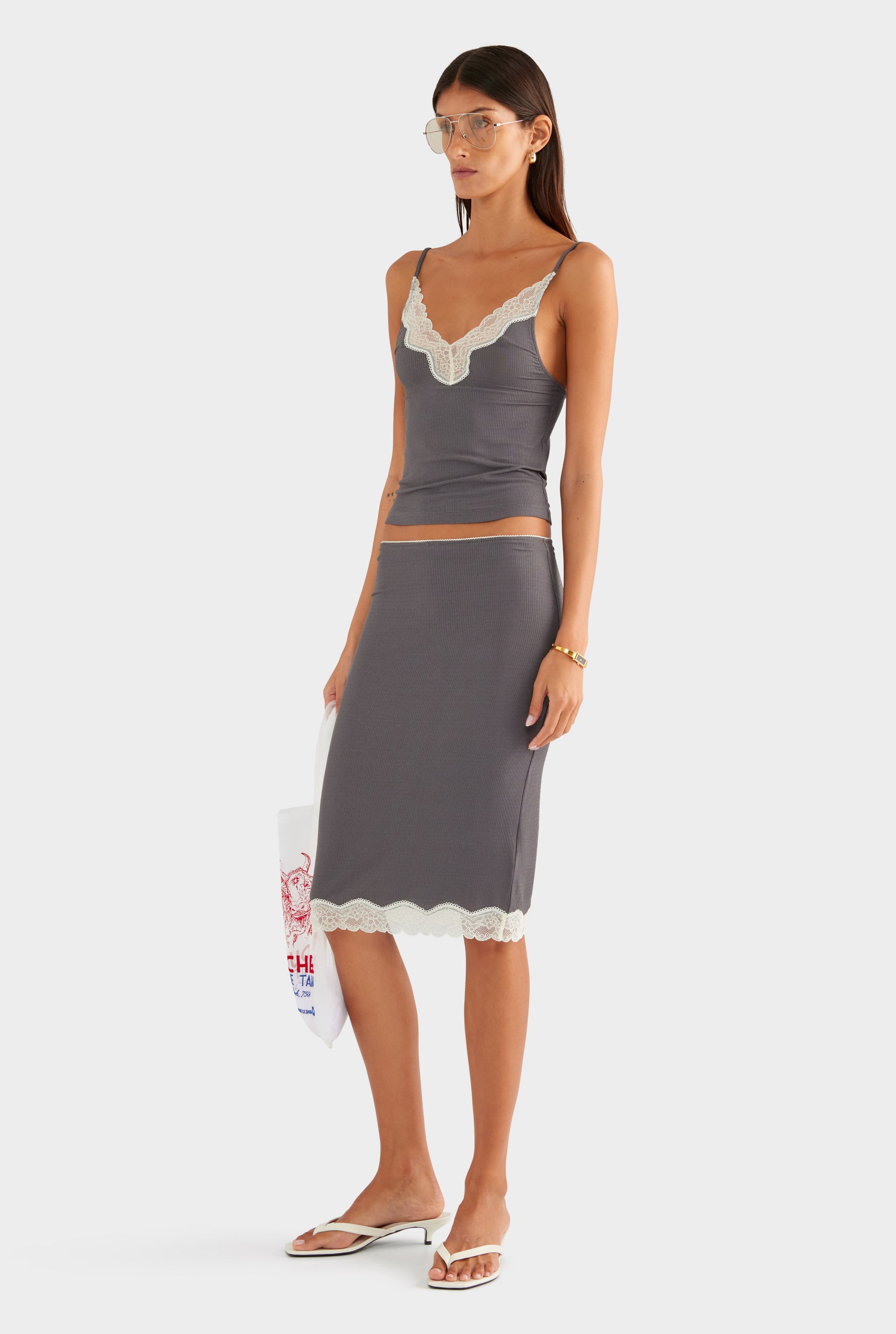 Lace Rib Cami - Dark Grey/Antique White - XS