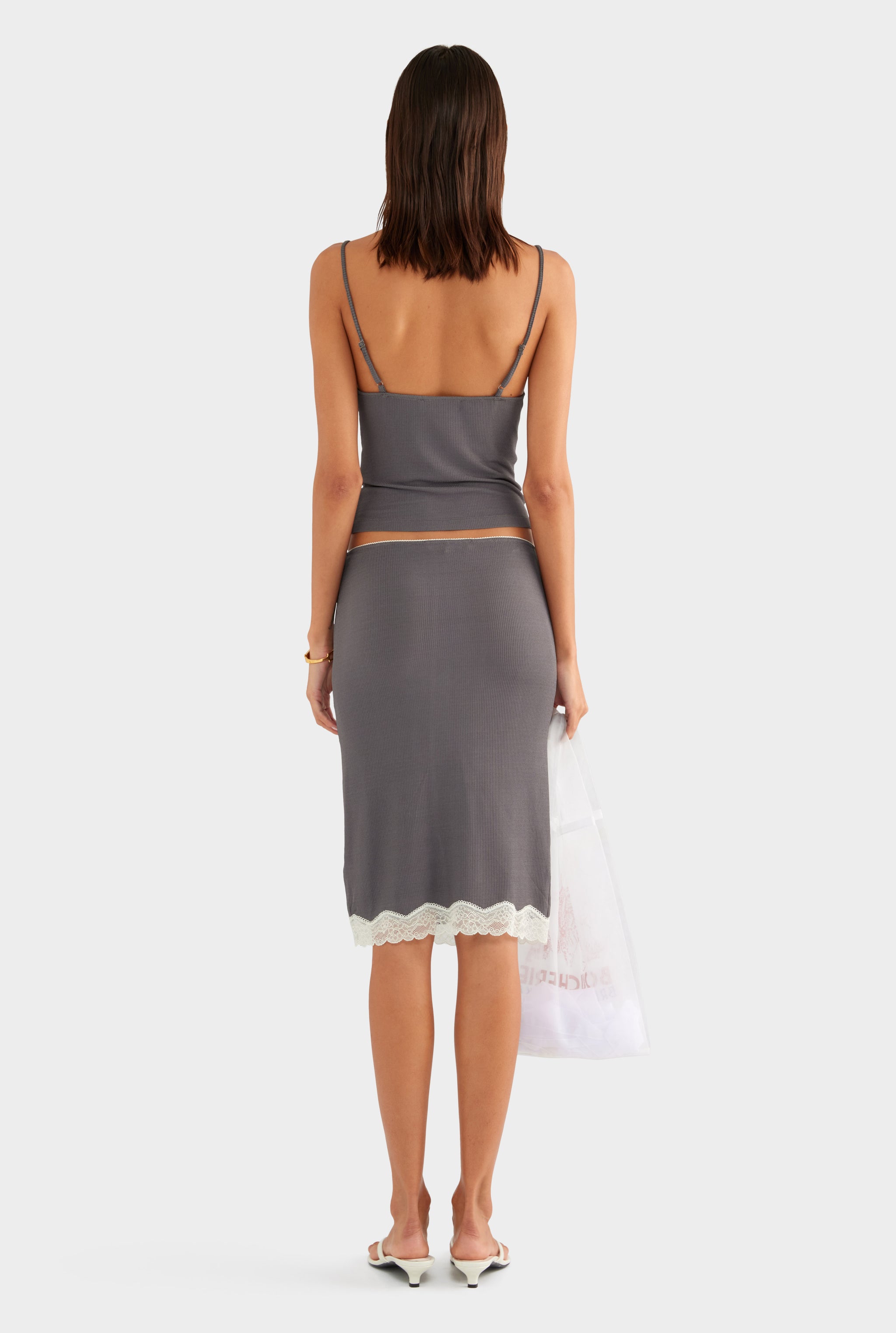 Lace Rib Midi Skirt - Dark Grey/Antique White - XS