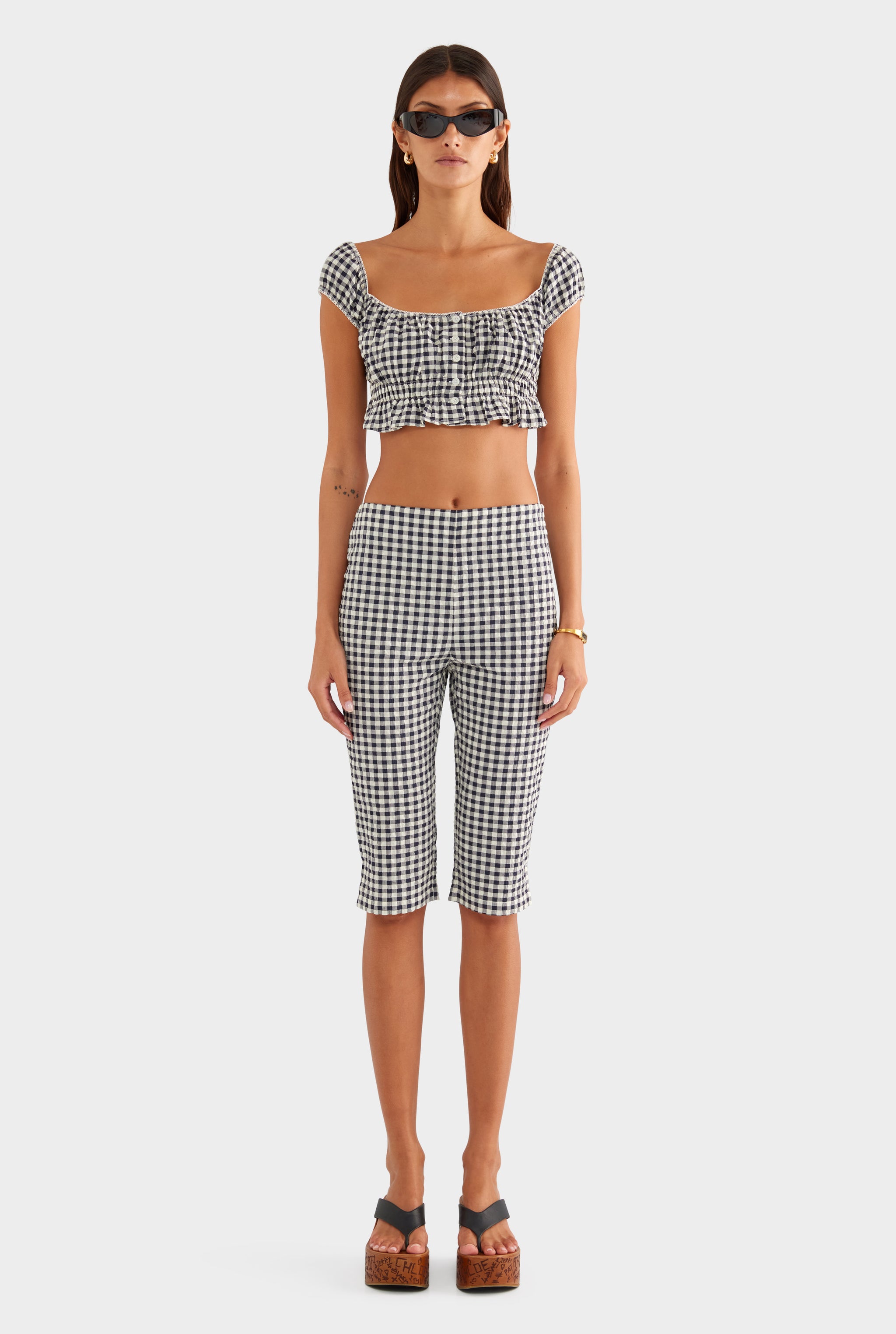 Off Shoulder Crop Top - Navy/Cream Gingham - XS