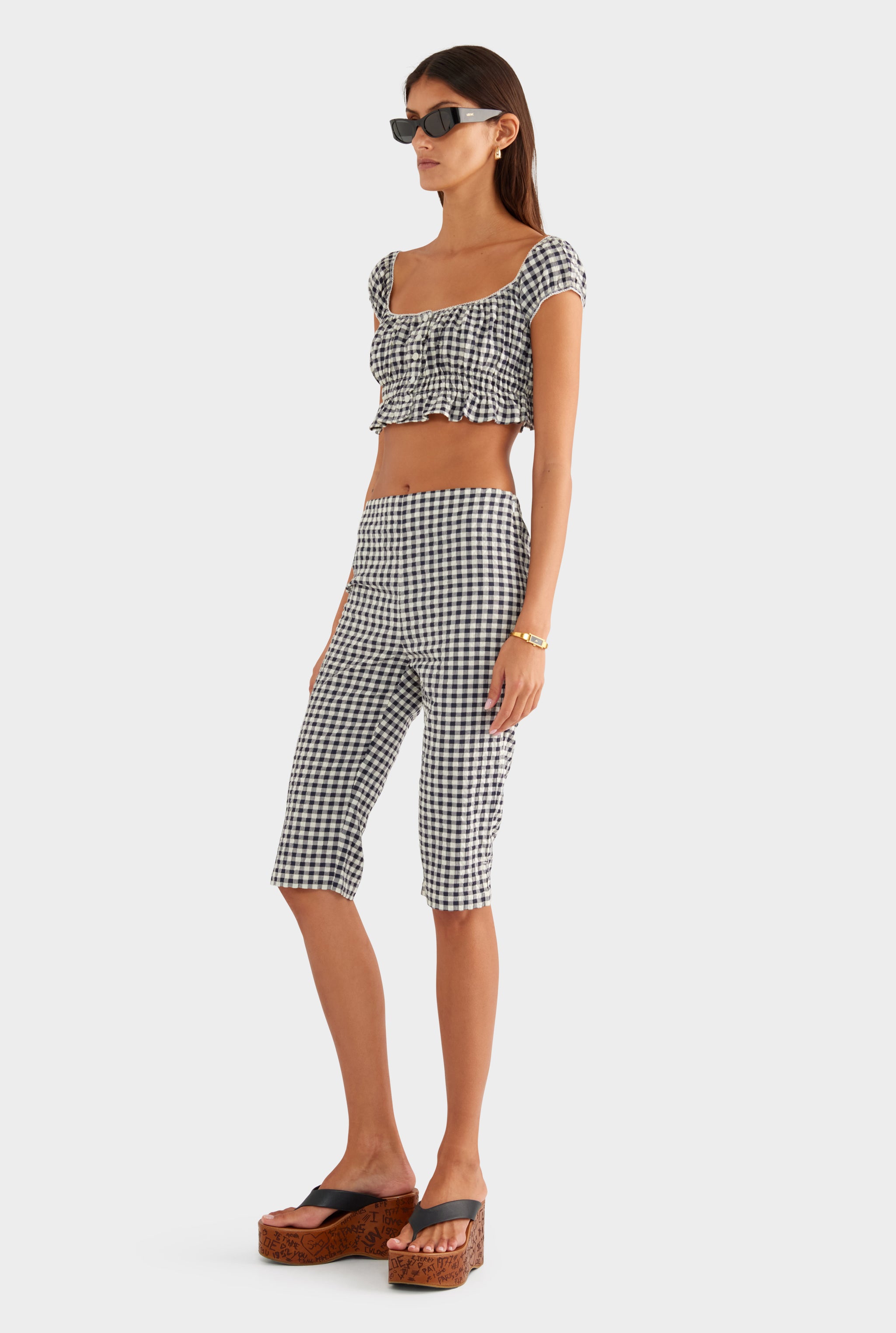 Off Shoulder Crop Top - Navy/Cream Gingham - XS