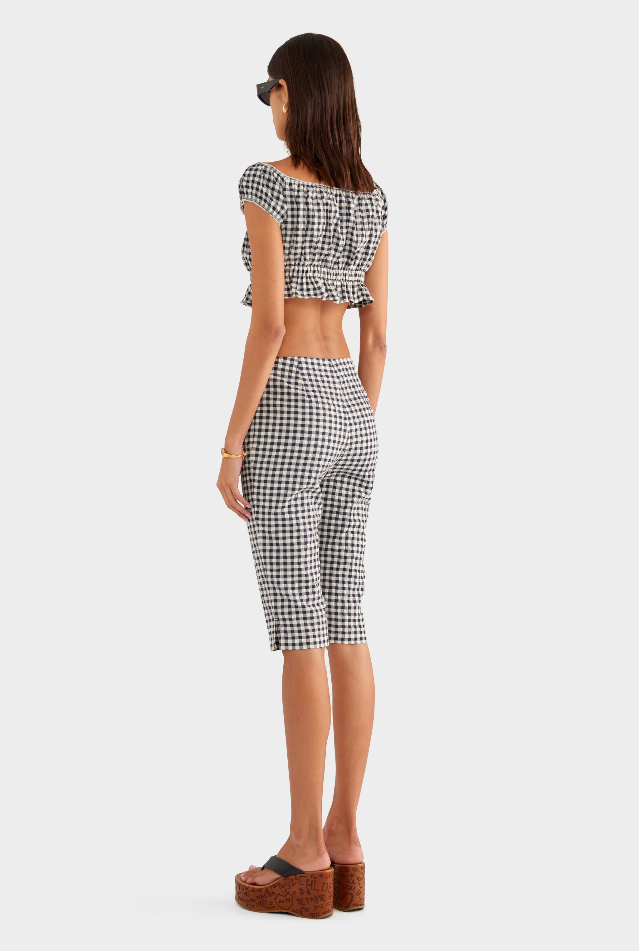 Off Shoulder Crop Top - Navy/Cream Gingham - XS