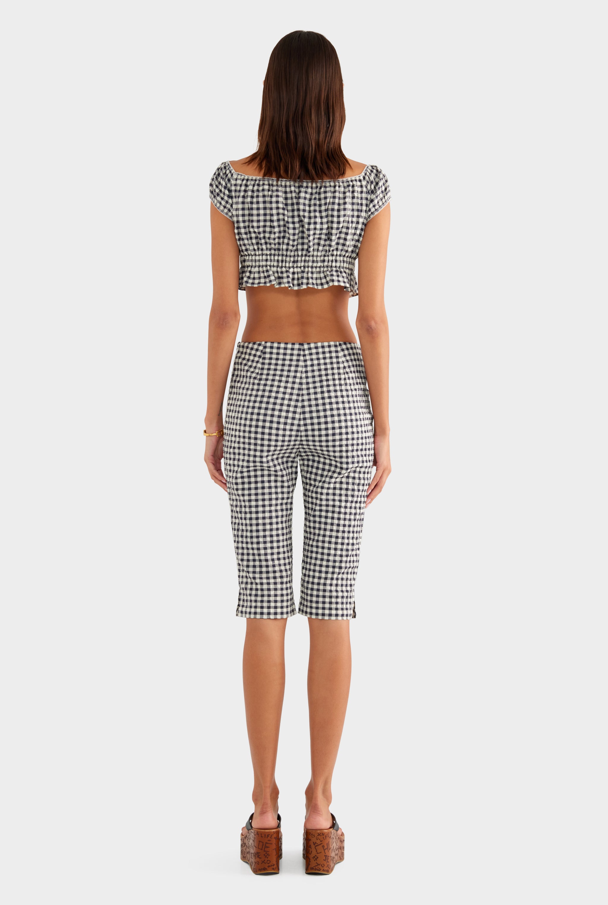 Off Shoulder Crop Top - Navy/Cream Gingham - XS