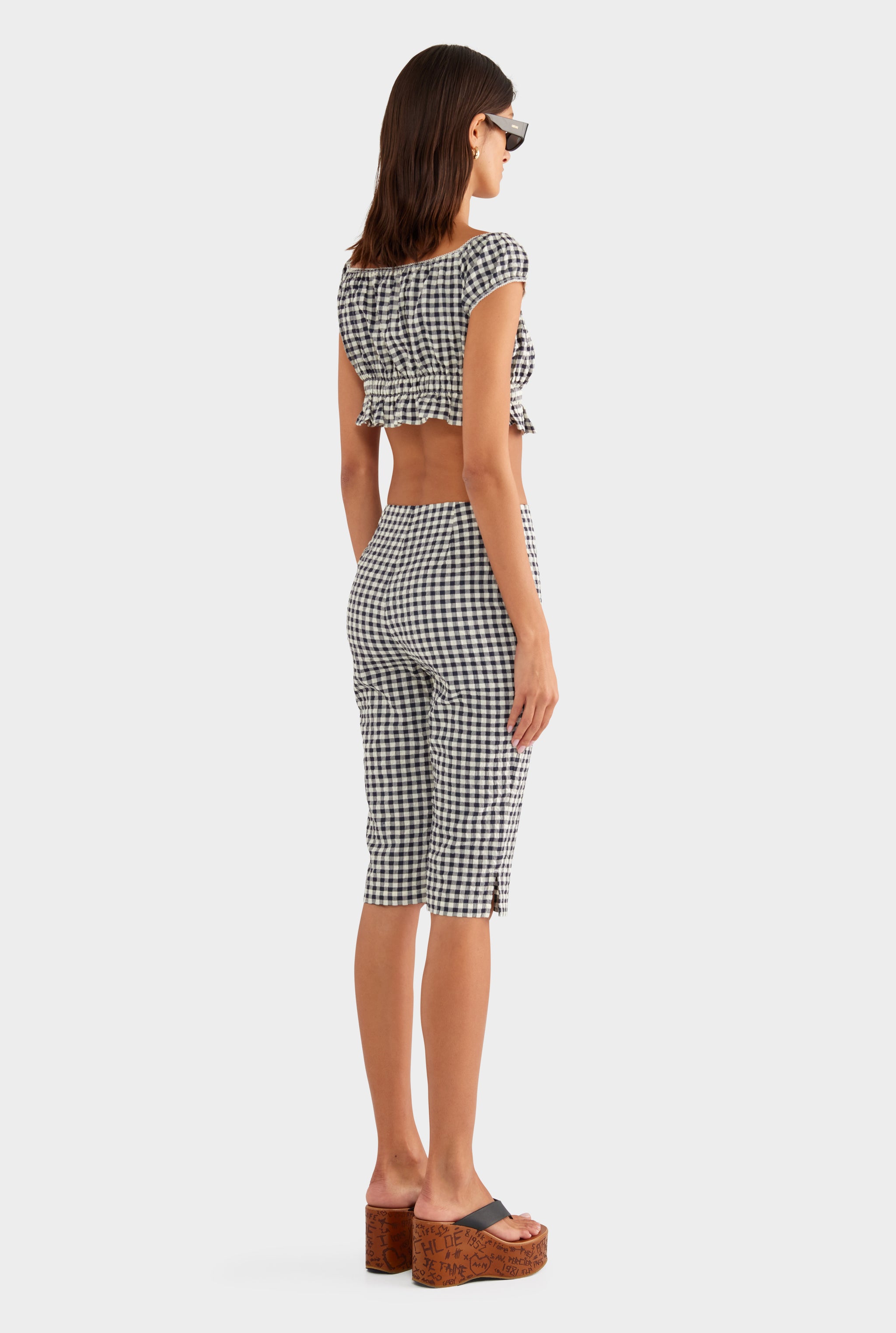 Off Shoulder Crop Top - Navy/Cream Gingham - XS