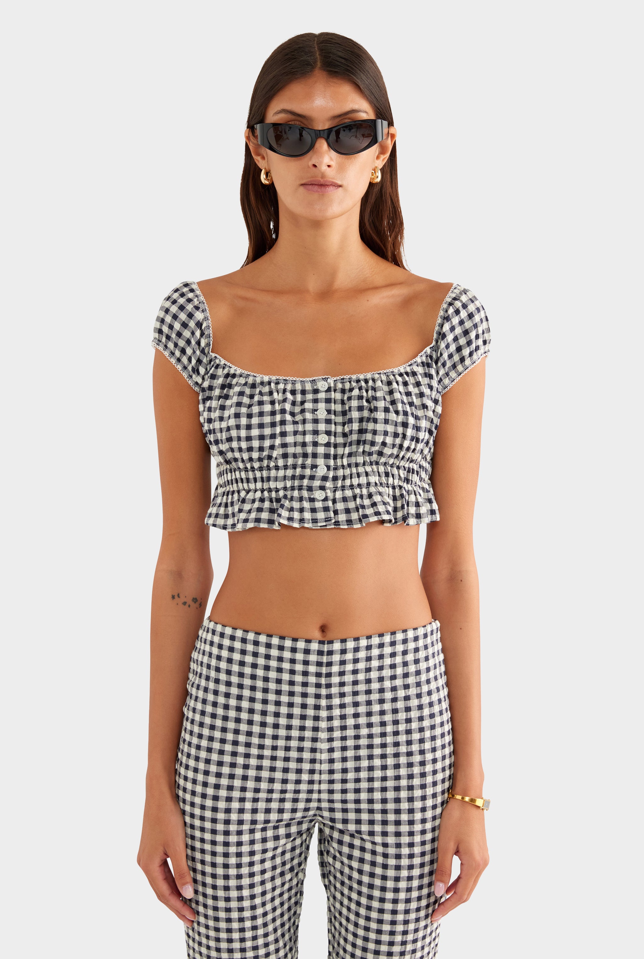 Off Shoulder Crop Top - Navy/Cream Gingham