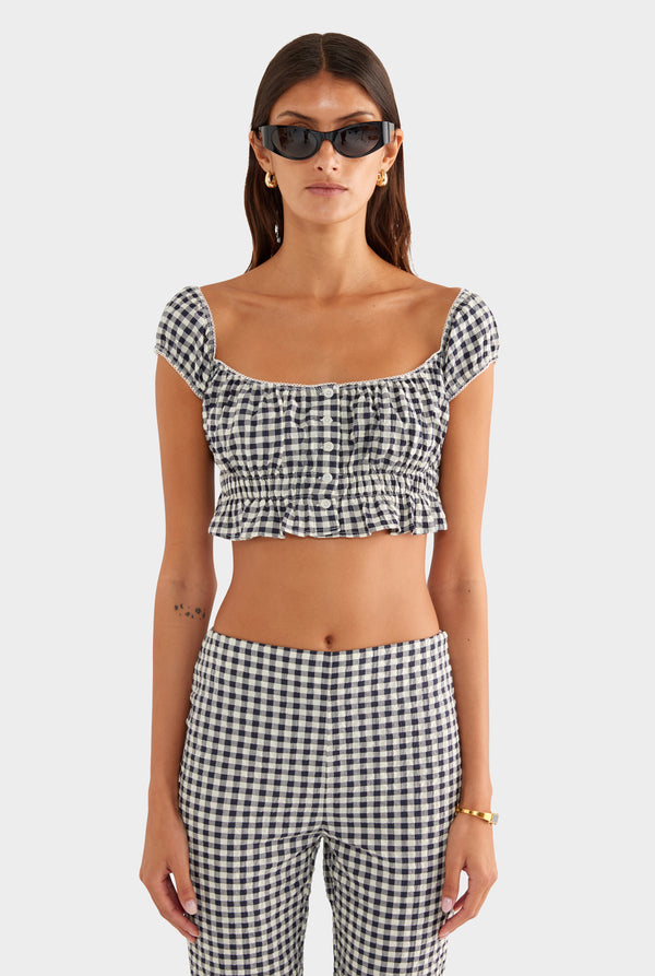 Off Shoulder Crop Top - Navy/Cream Gingham
