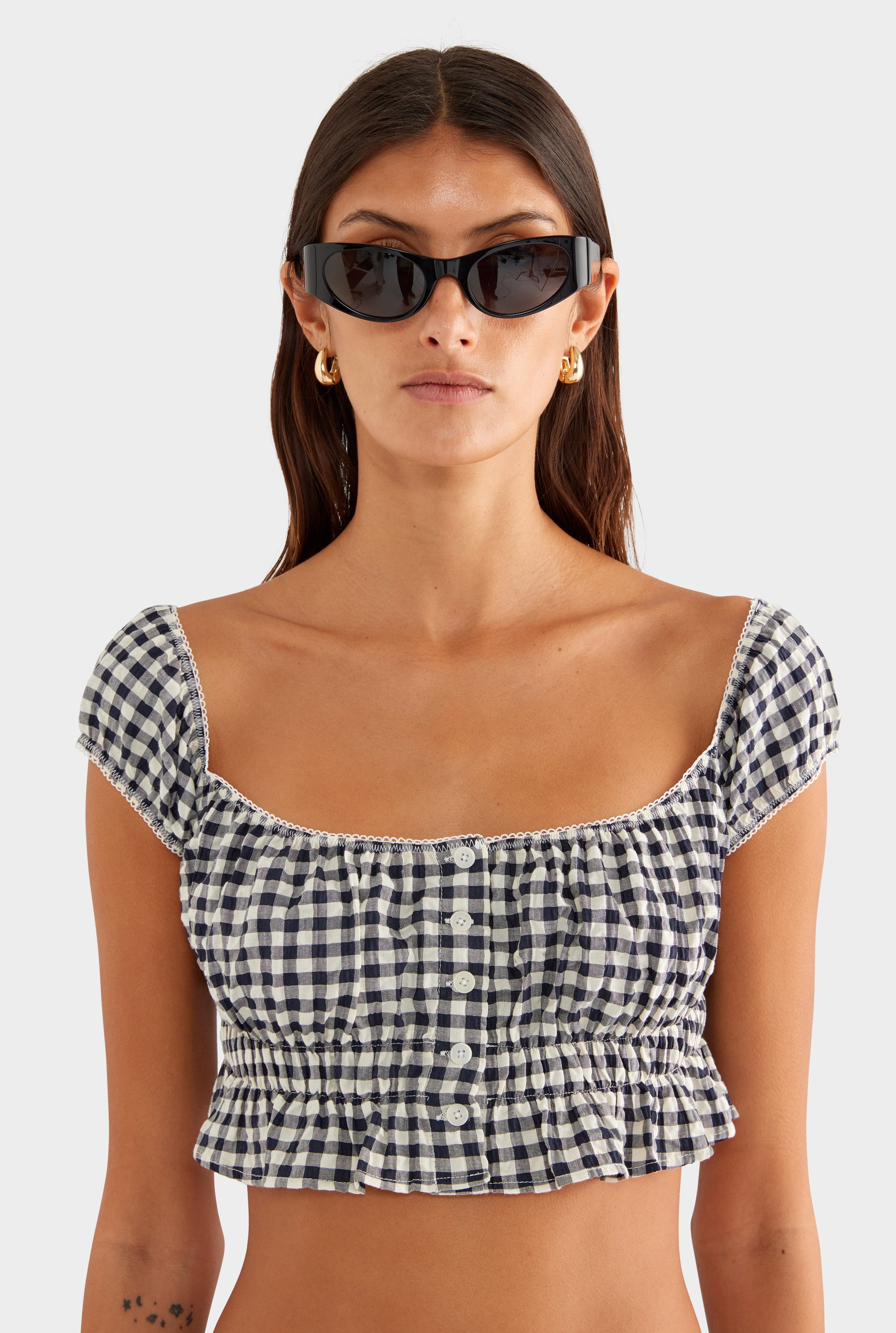 Off Shoulder Crop Top - Navy/Cream Gingham - XS