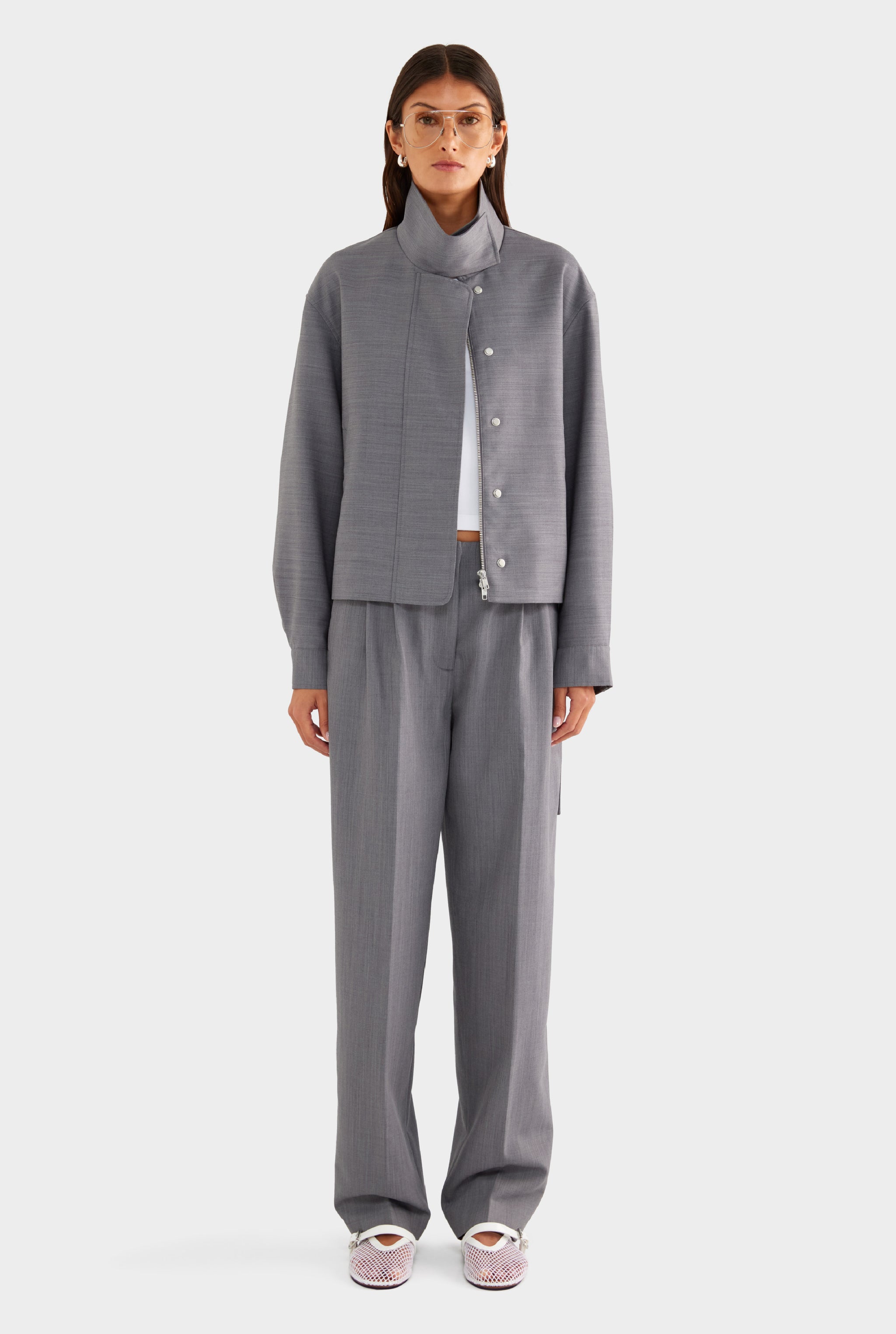 Wool Funnel Neck Jacket - Charcoal Marl - XS