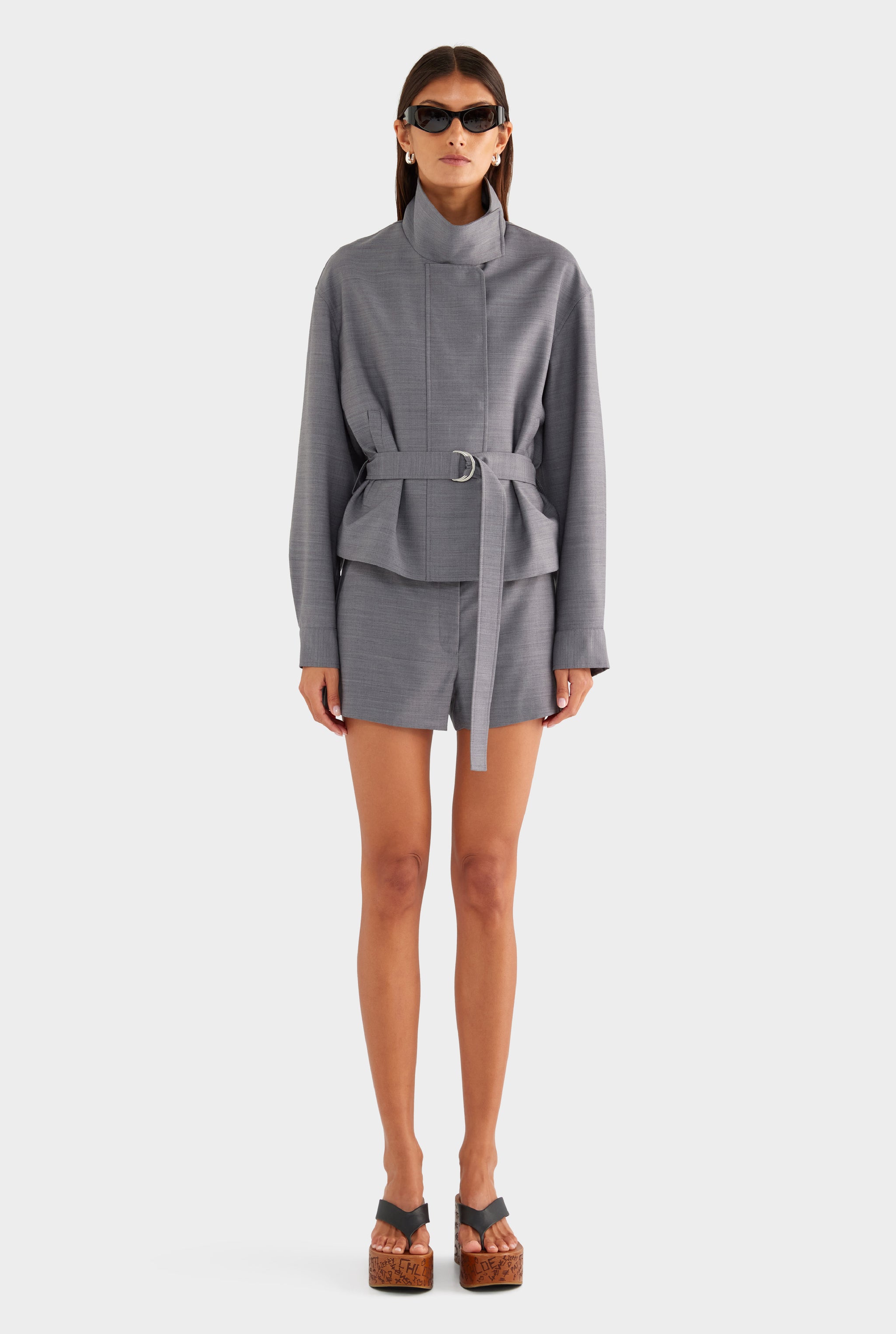 Wool Funnel Neck Jacket - Charcoal Marl - XS