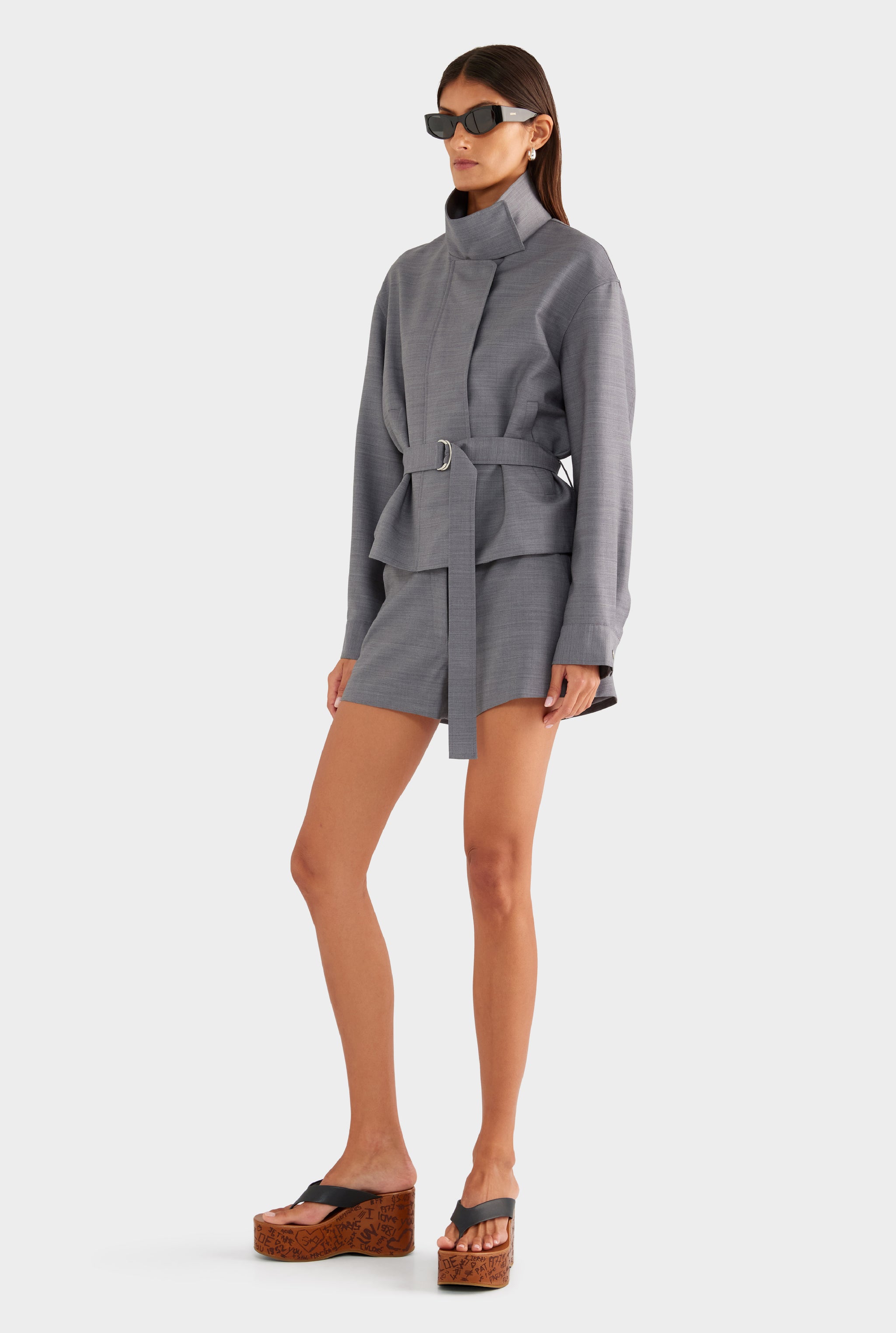 Wool Funnel Neck Jacket - Charcoal Marl - XS