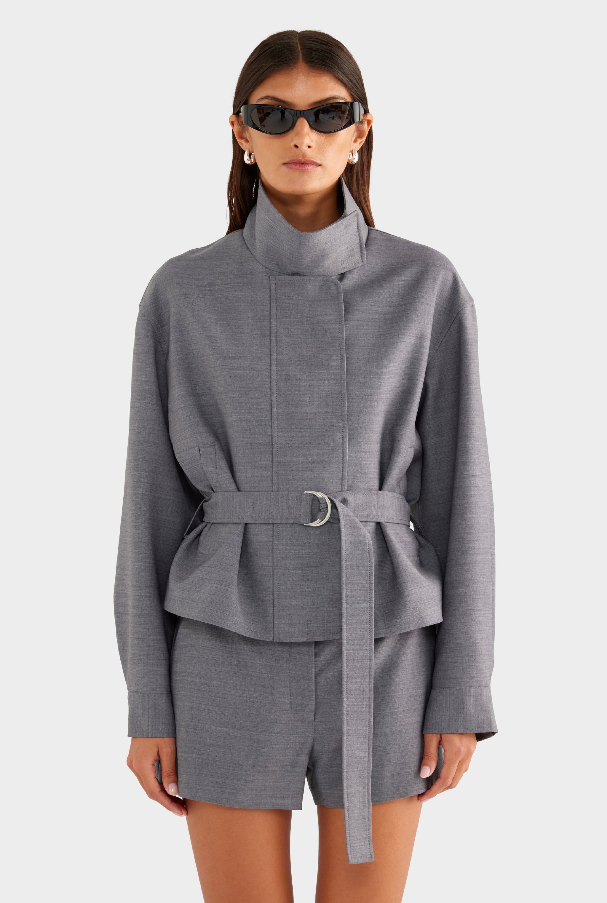 Wool Funnel Neck Jacket - Charcoal Marl - XS