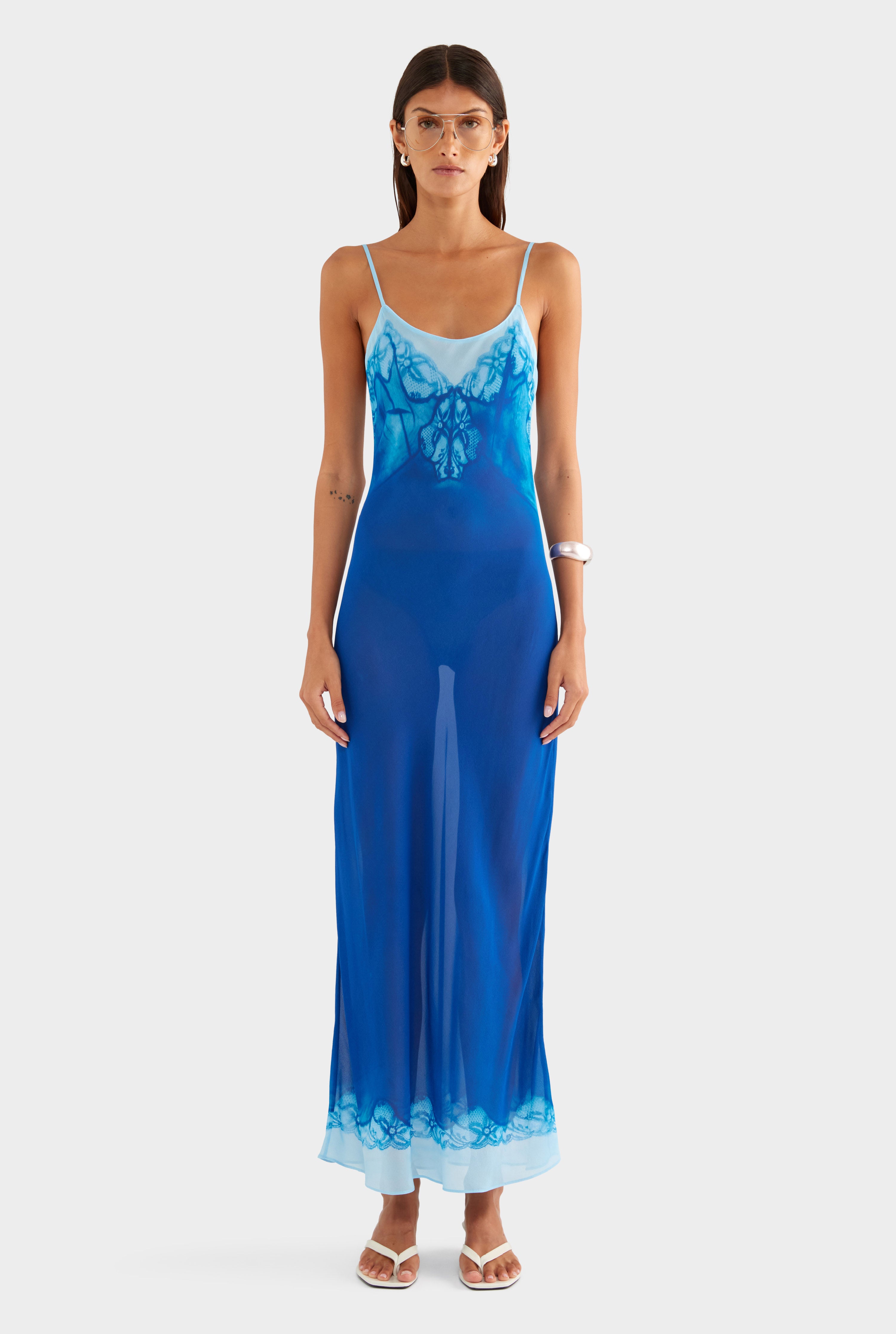 Silk Georgette Slip Dress - Indigo Cyanotype Lace - XS