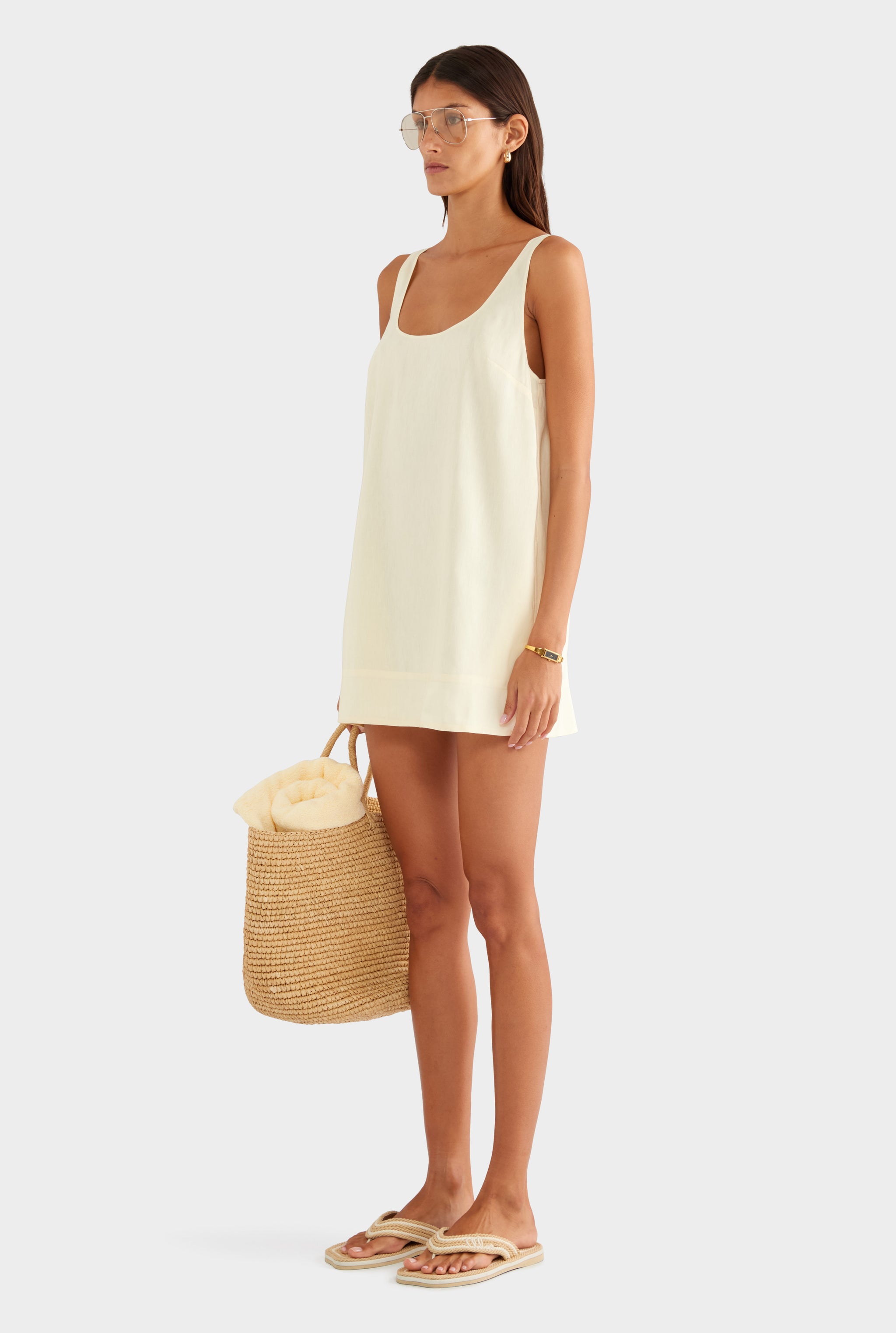Silk Linen Shift Mini Dress - Buttercream - XS
