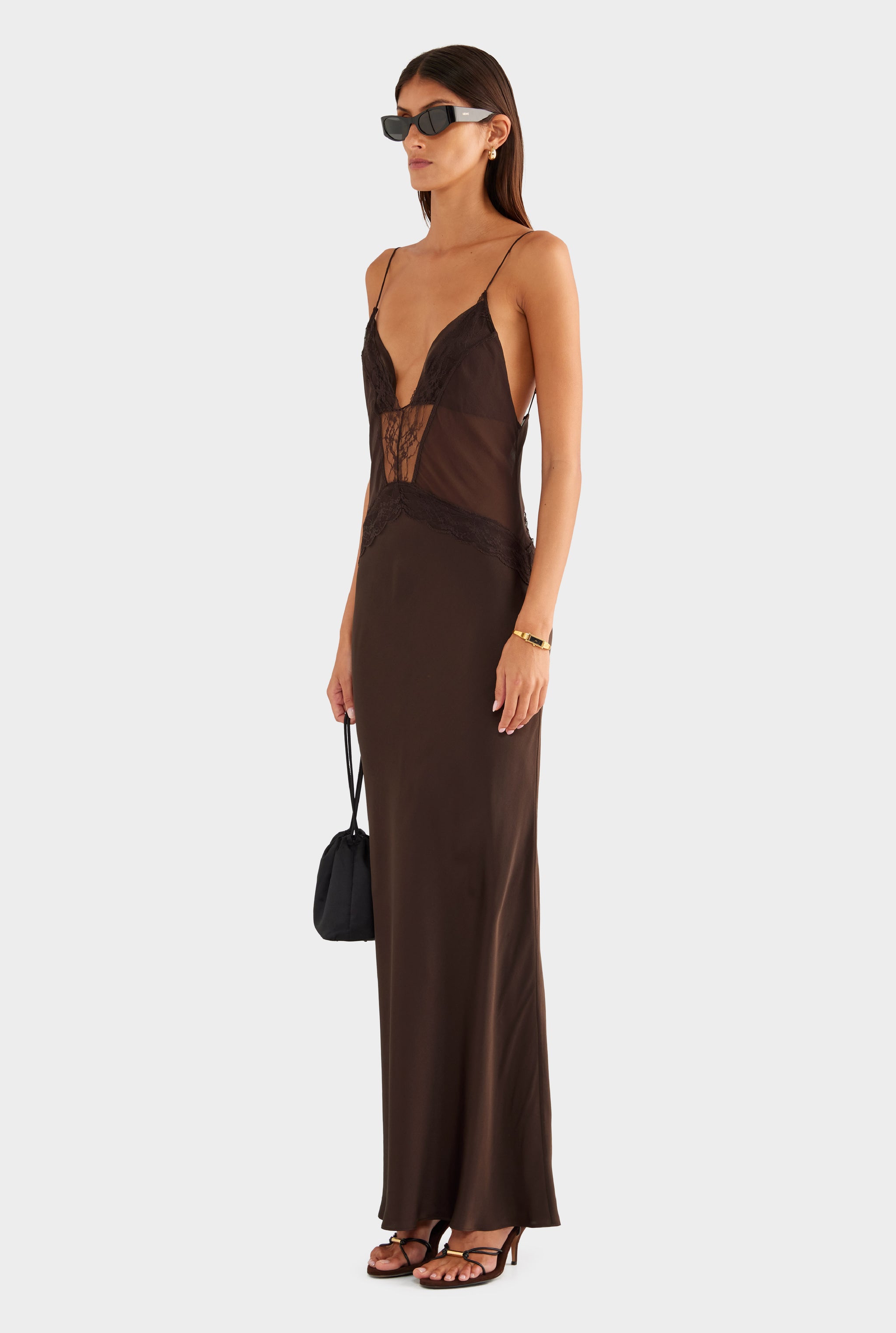 Silk Lace Panelled Slip Dress - Dark Chocolate - XS