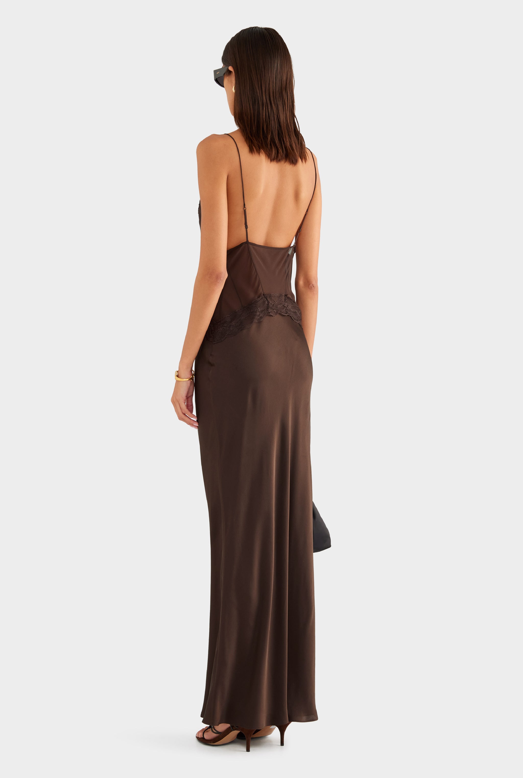Silk Lace Panelled Slip Dress - Dark Chocolate - XS