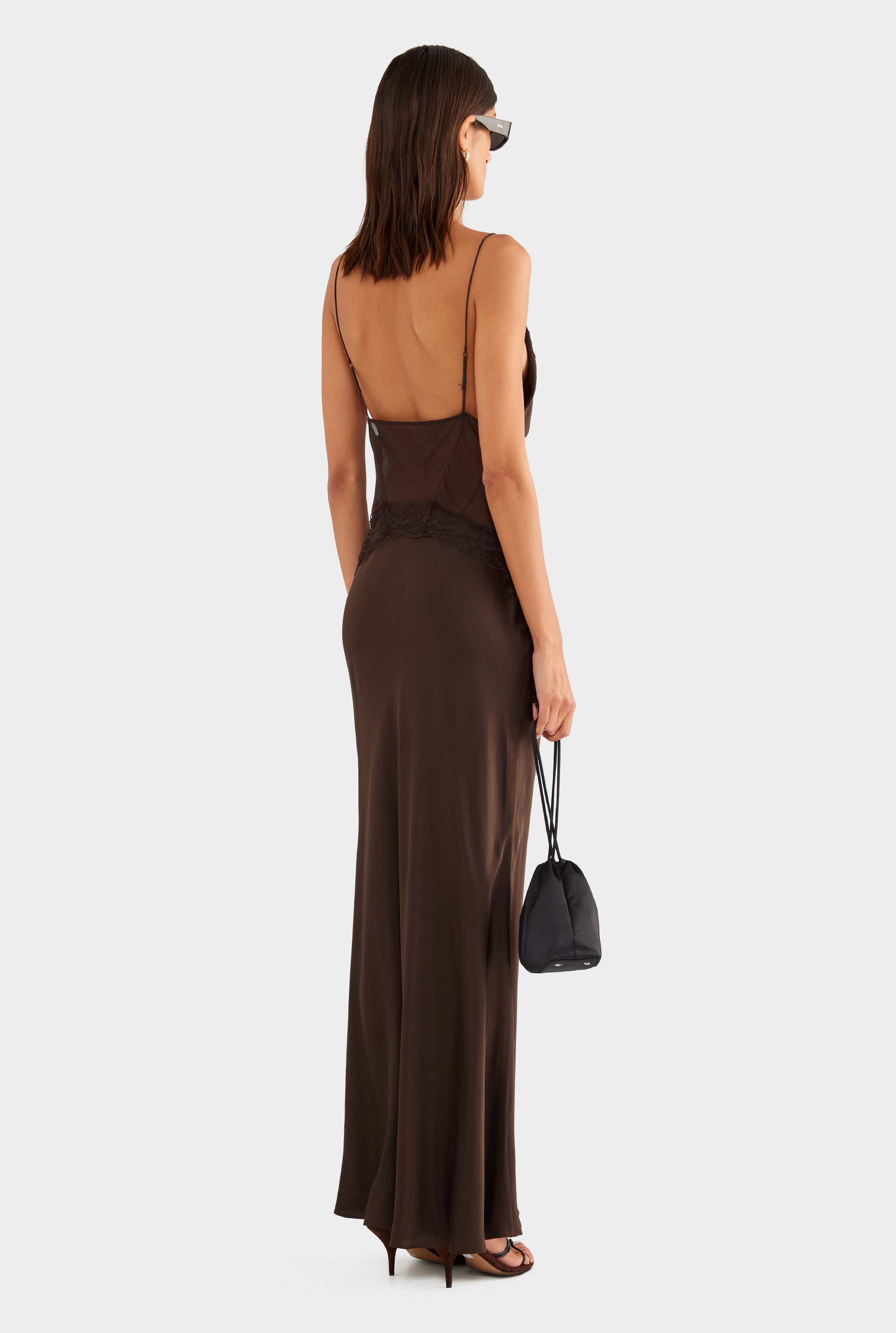 Silk Lace Panelled Slip Dress - Dark Chocolate - XS