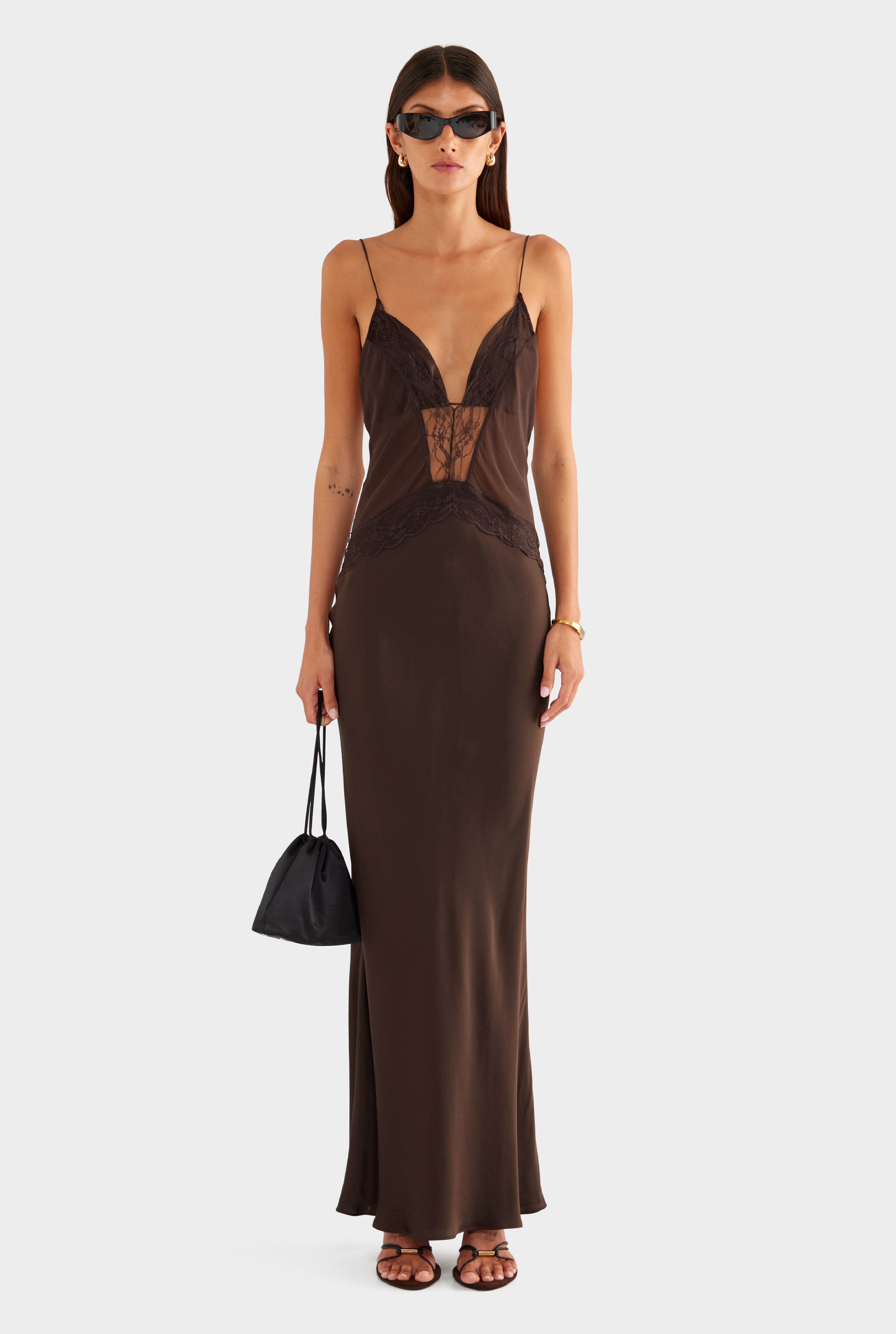 Silk Lace Panelled Slip Dress - Dark Chocolate - XS