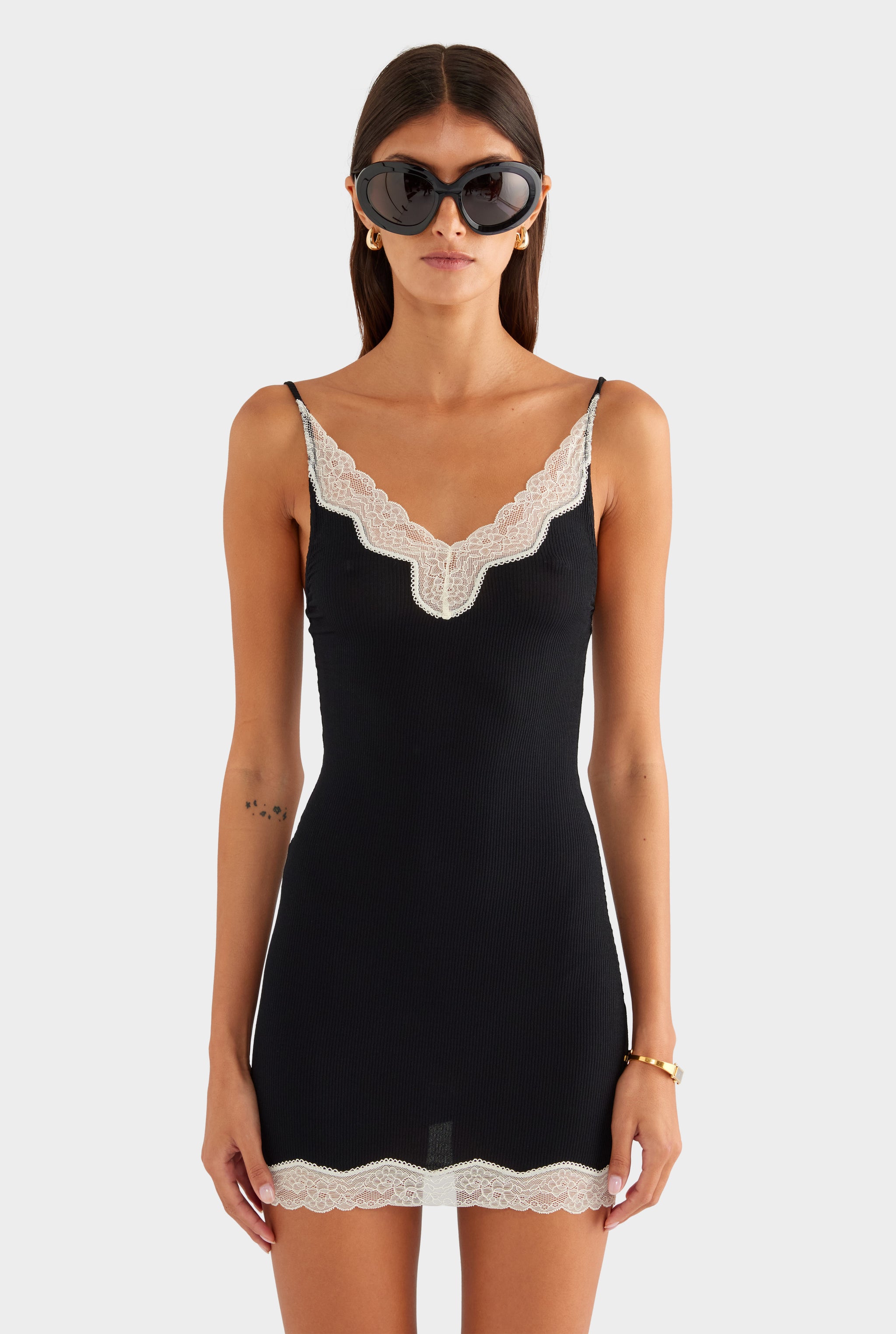 Lace Rib Tank Dress - Black/Antique White - XS
