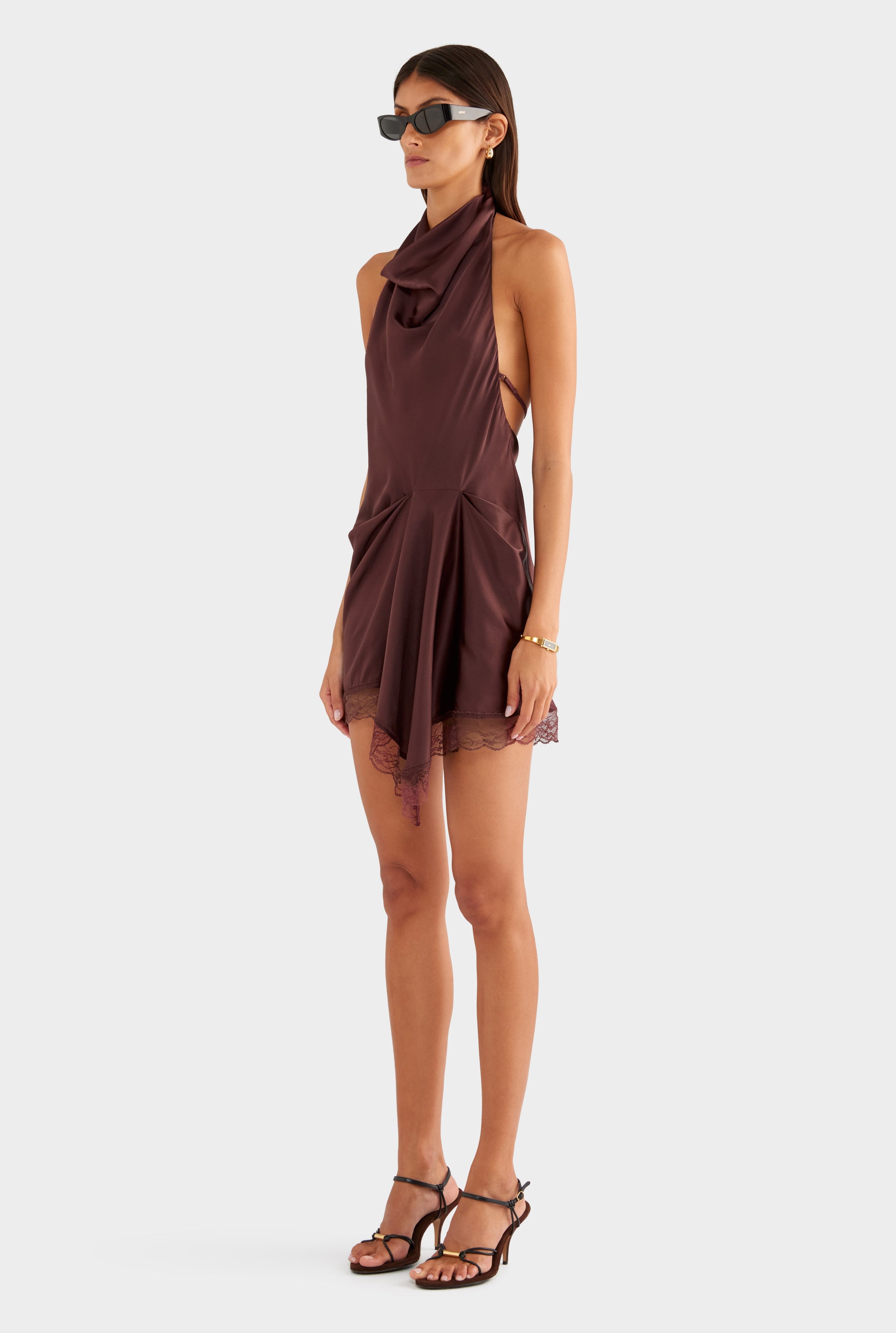 Draped Silk Lace Halter Mini Dress - Dark Plum - XS