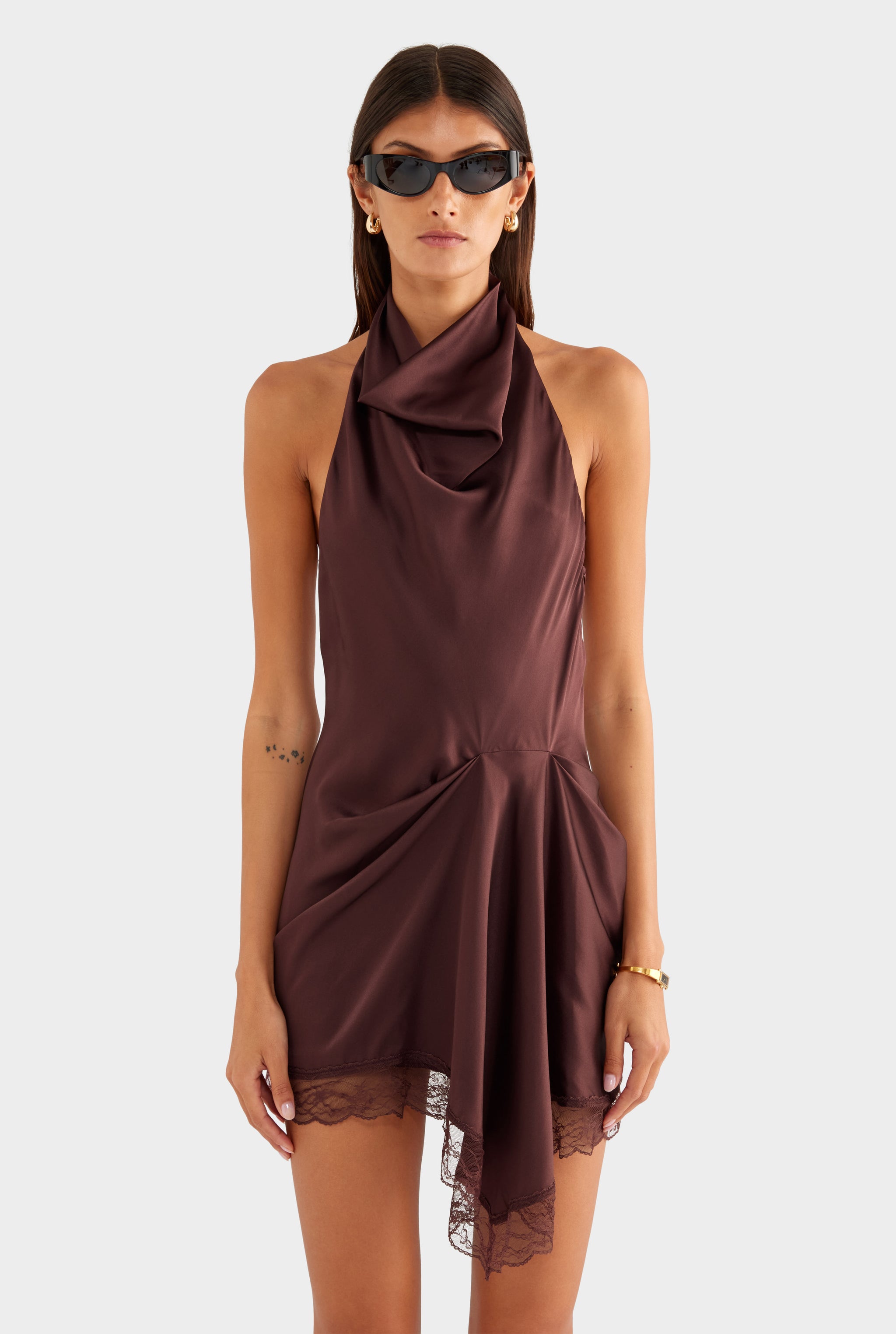 Draped Silk Lace Halter Mini Dress - Dark Plum - XS