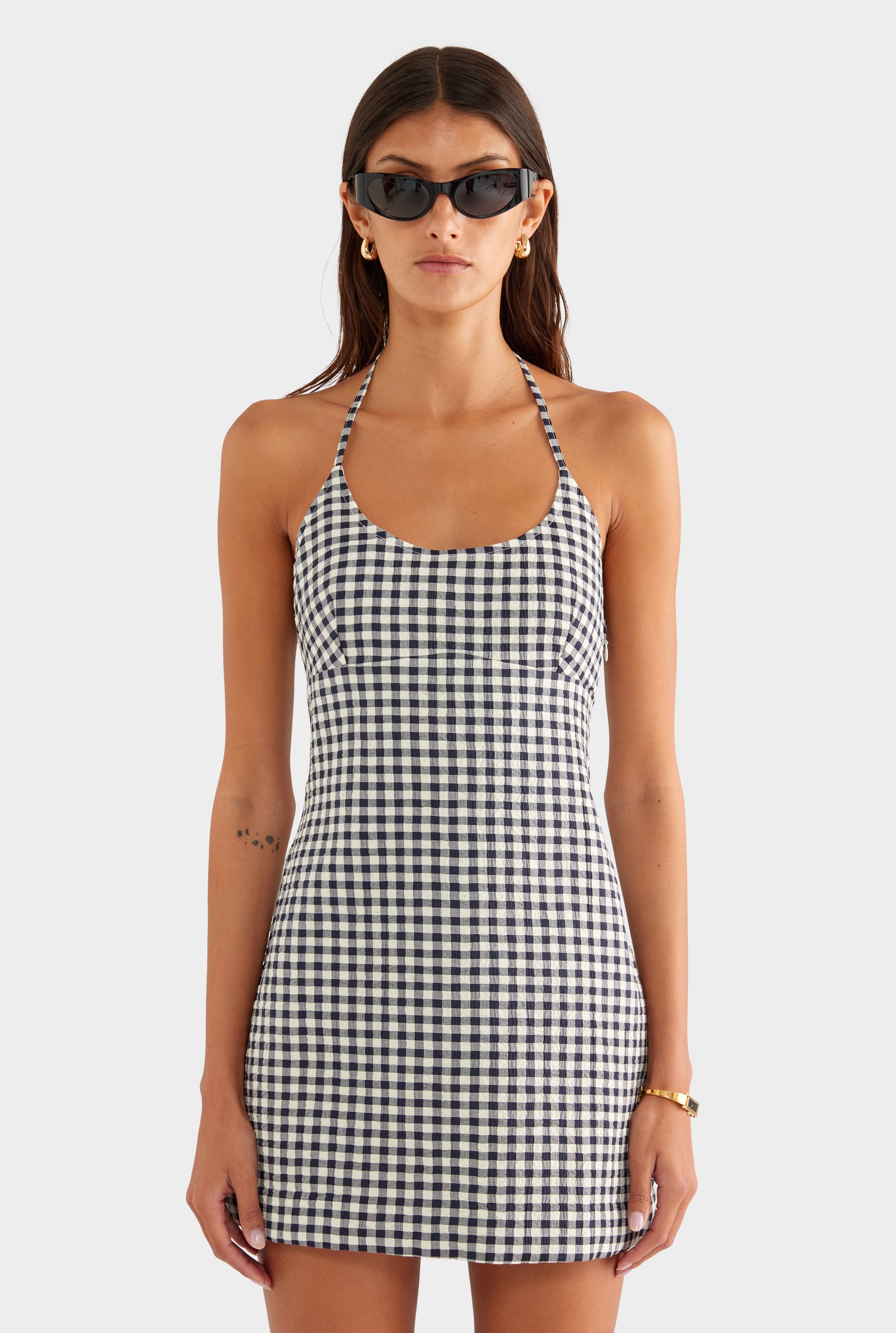 Scoop Neck Halter Mini Dress - Navy/Cream Gingham - XS