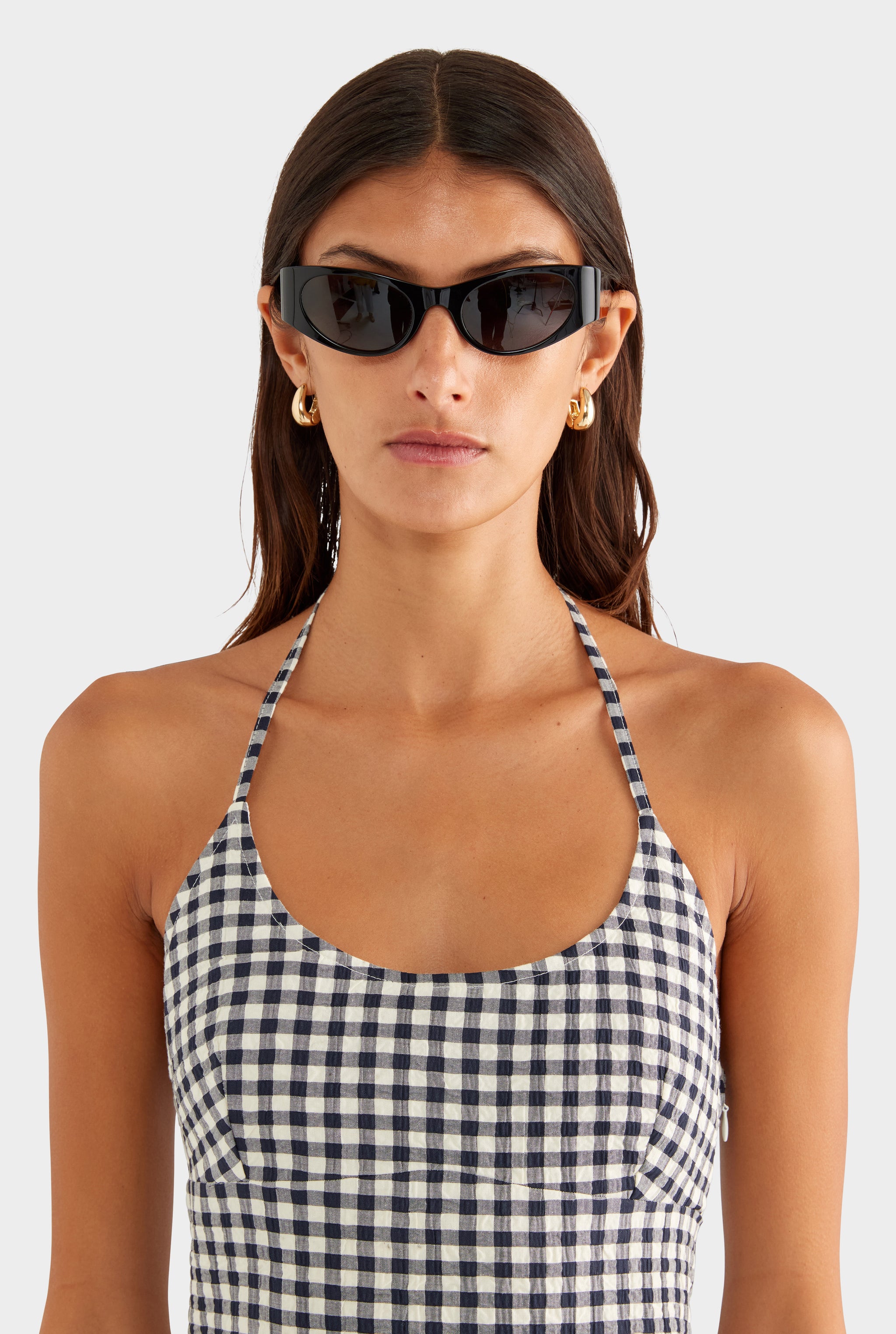 Scoop Neck Halter Mini Dress - Navy/Cream Gingham - XS