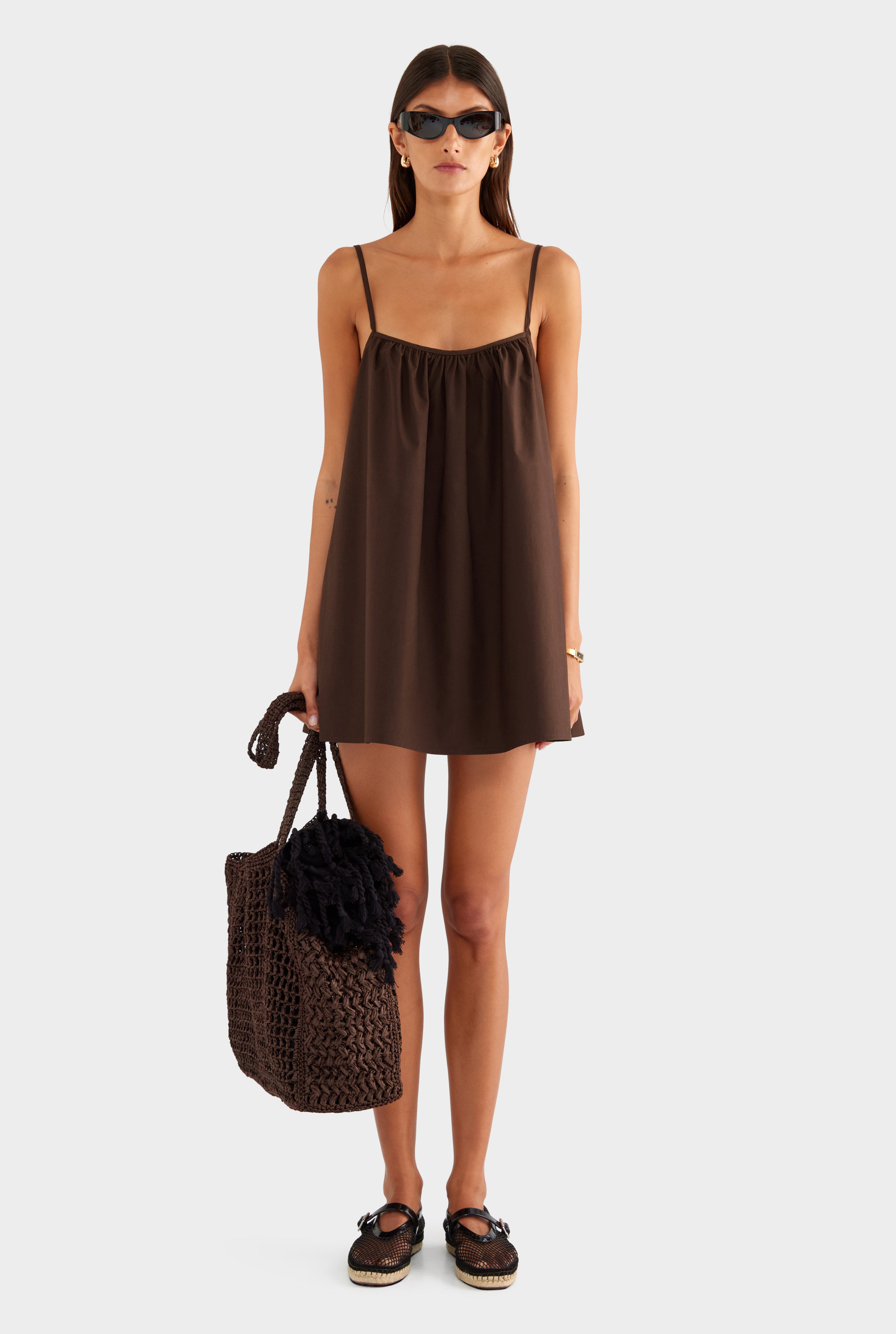 Cotton Poplin A Line Mini Dress - Dark Chocolate - XS