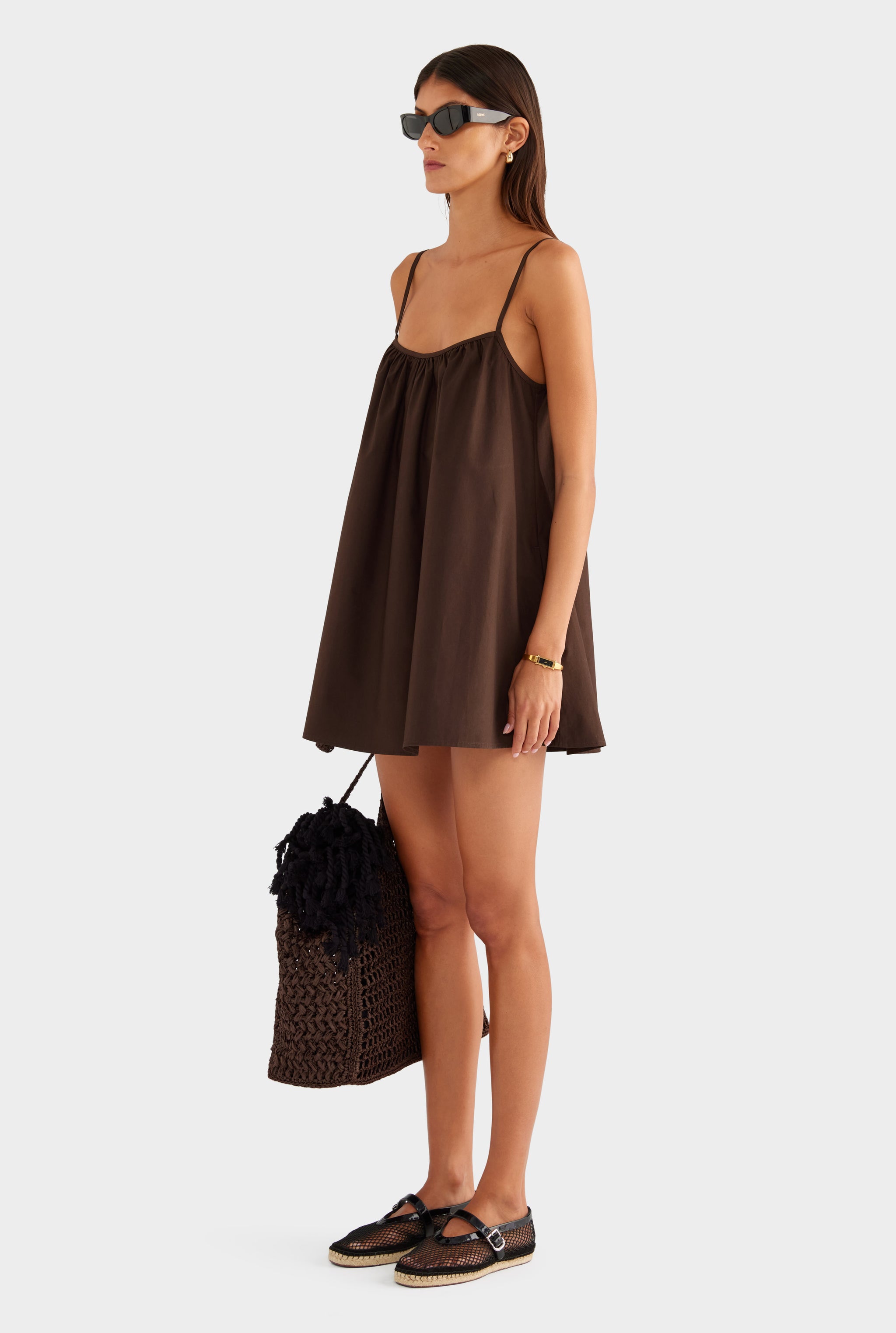 Cotton Poplin A Line Mini Dress - Dark Chocolate - XS