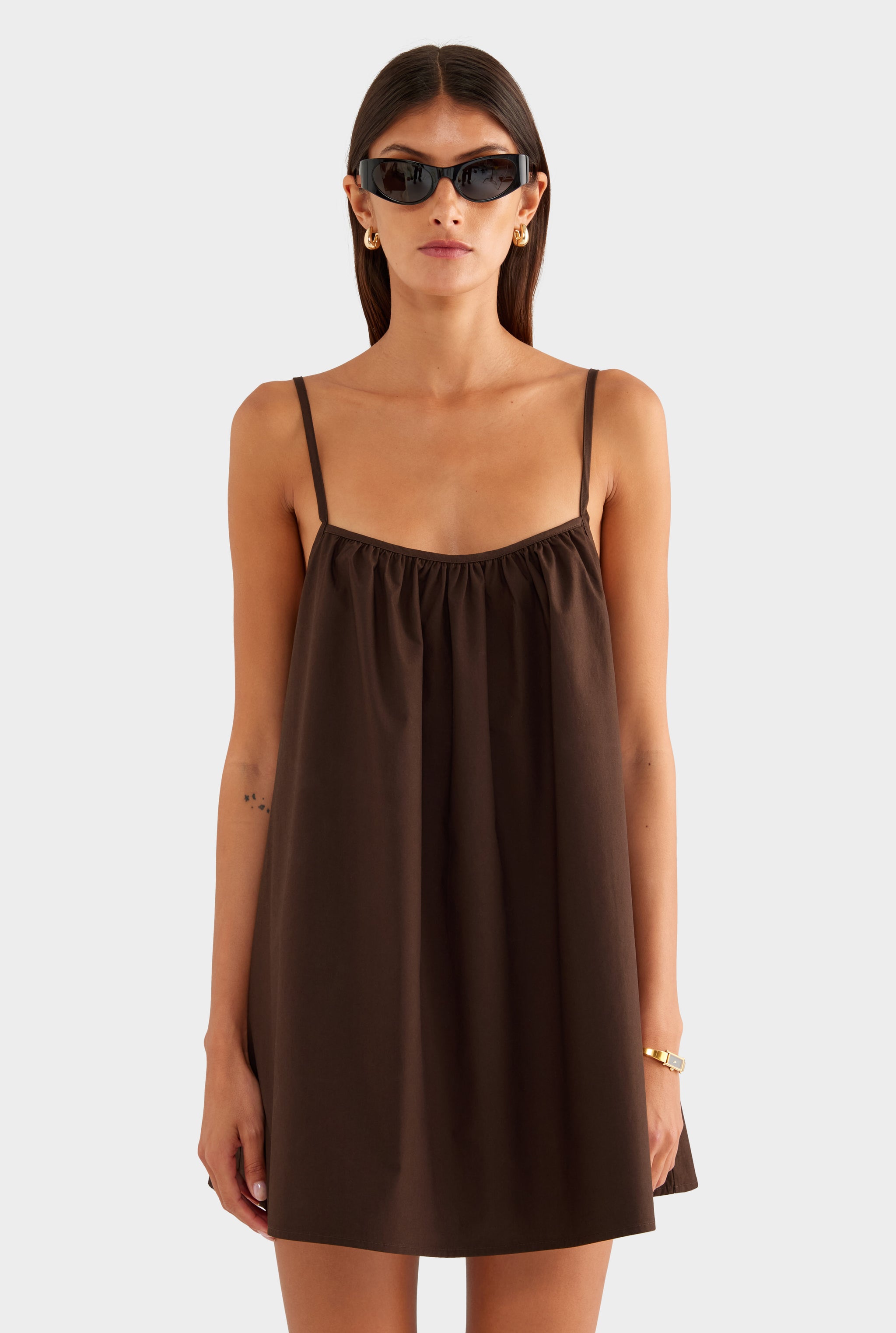Cotton Poplin A Line Mini Dress - Dark Chocolate - XS