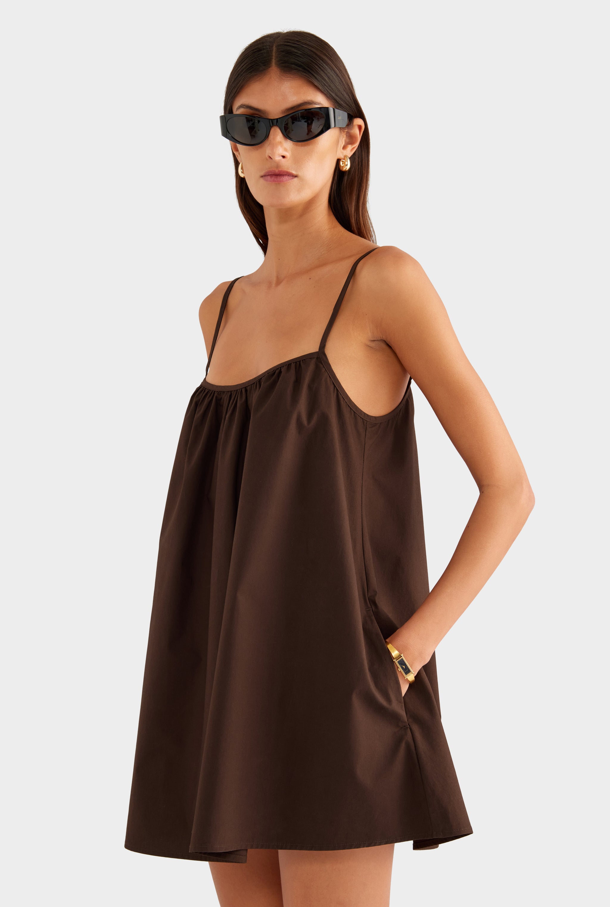 Cotton Poplin A Line Mini Dress - Dark Chocolate - XS