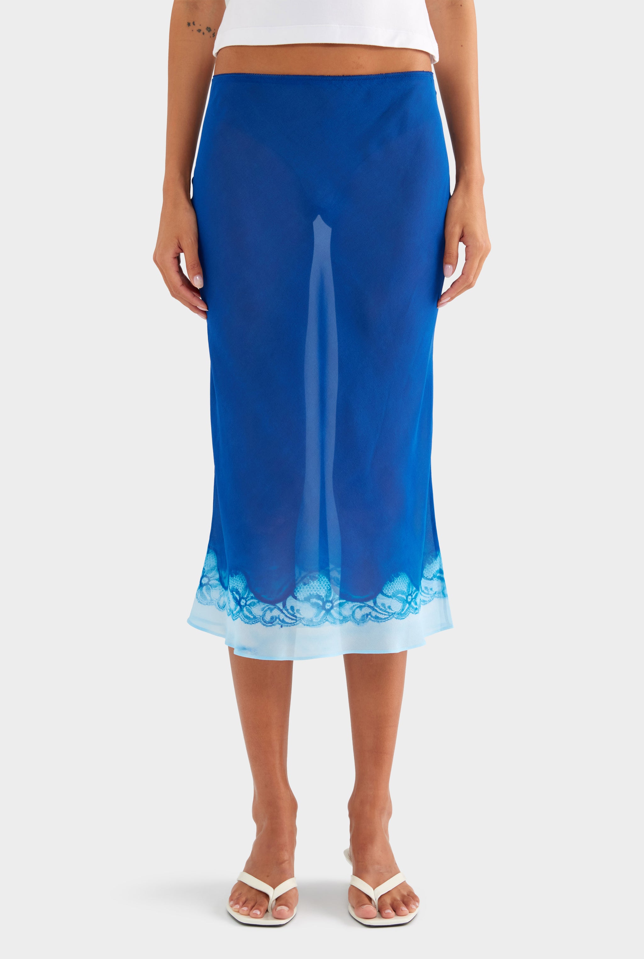 Silk Bias Midi Skirt - Indigo Cyanotype Lace - XS