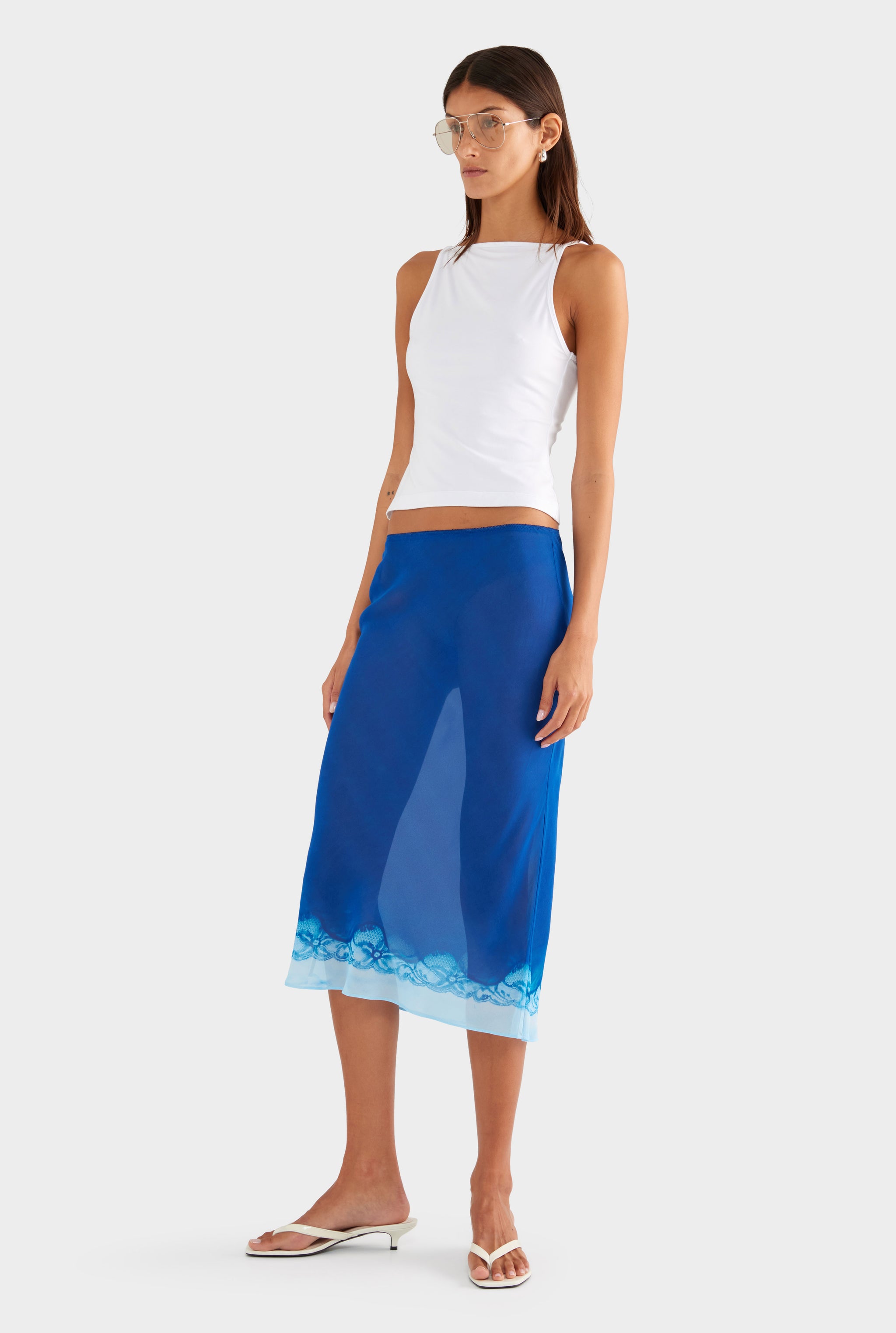 Silk Bias Midi Skirt - Indigo Cyanotype Lace - XS