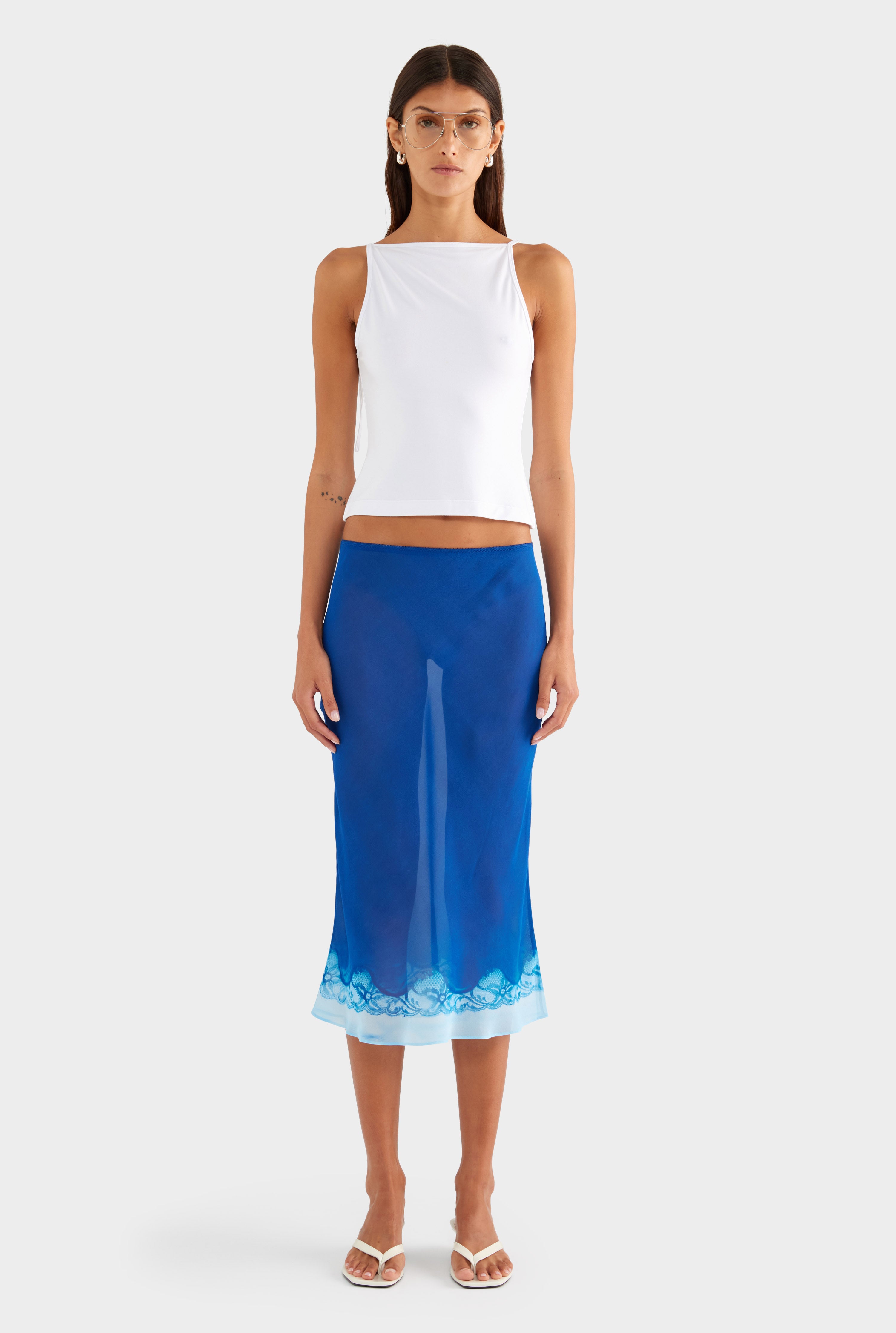 Silk Bias Midi Skirt - Indigo Cyanotype Lace - XS