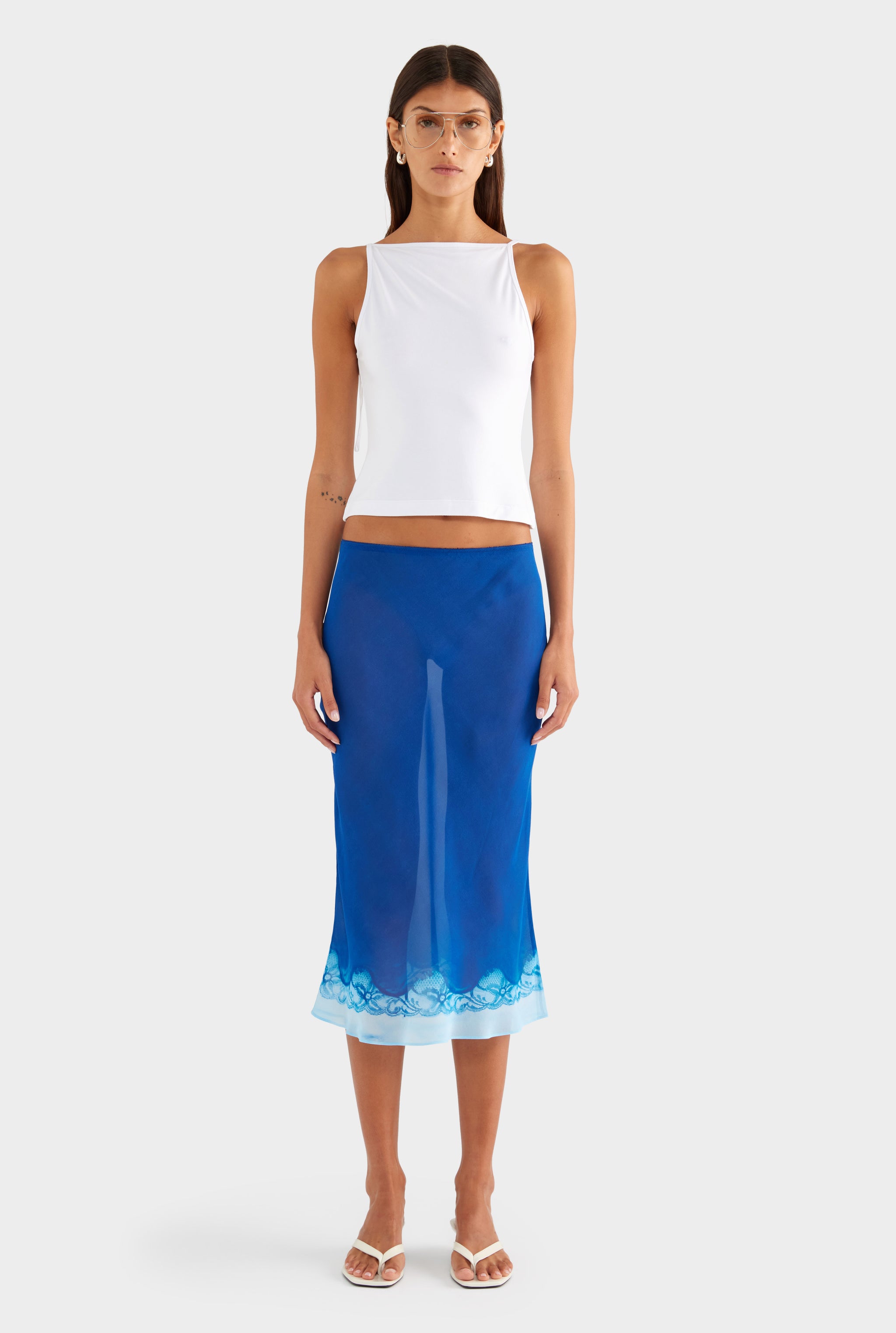 Silk Bias Midi Skirt - Indigo Cyanotype Lace - XS