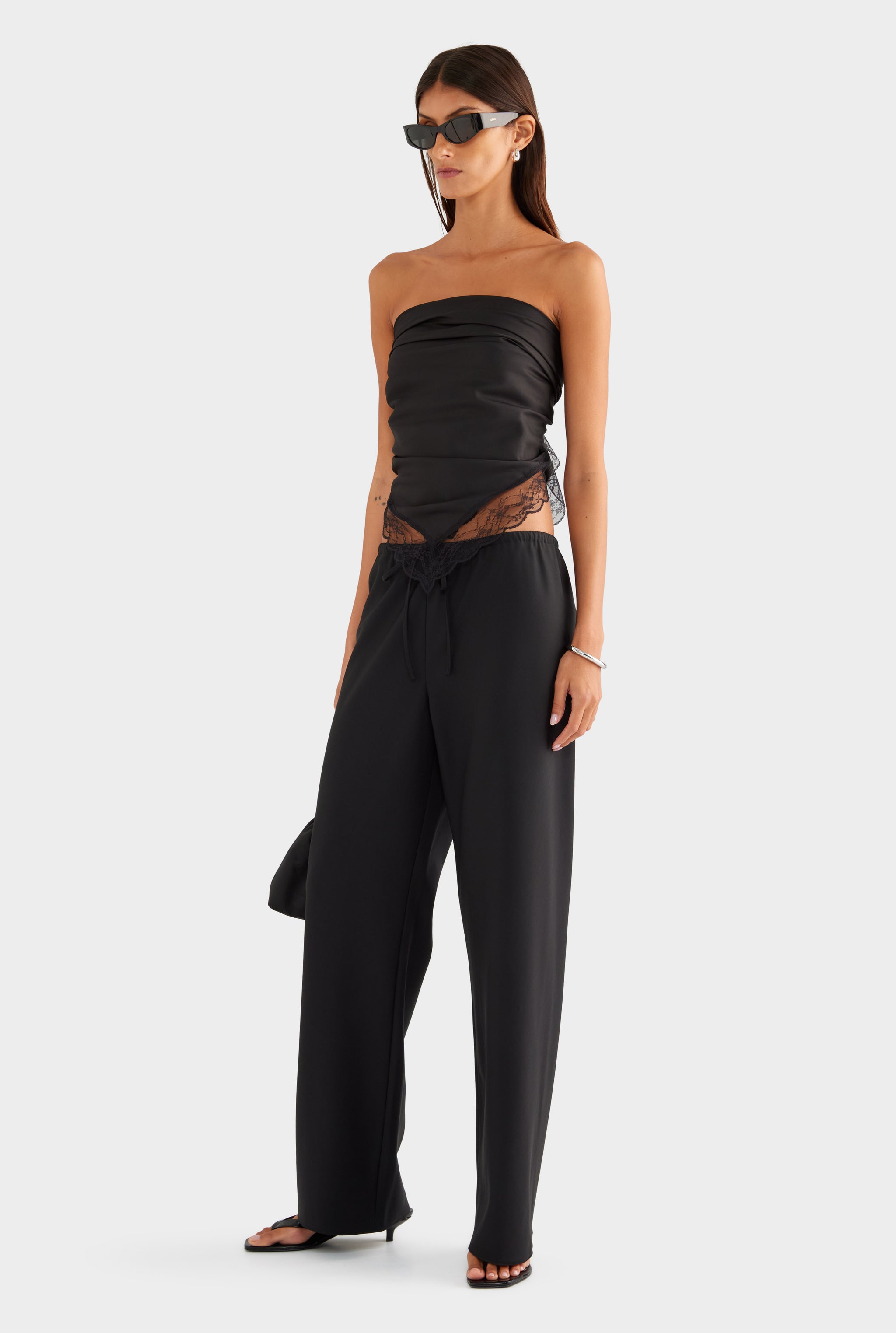 Lace Trim Silk Scarf - Black - OS