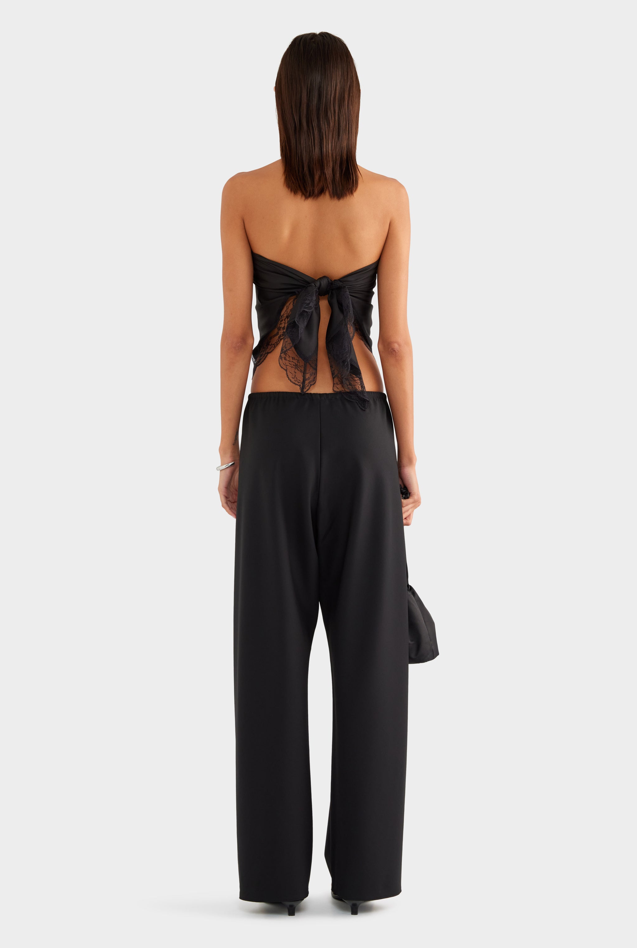 Lace Trim Silk Scarf - Black - OS