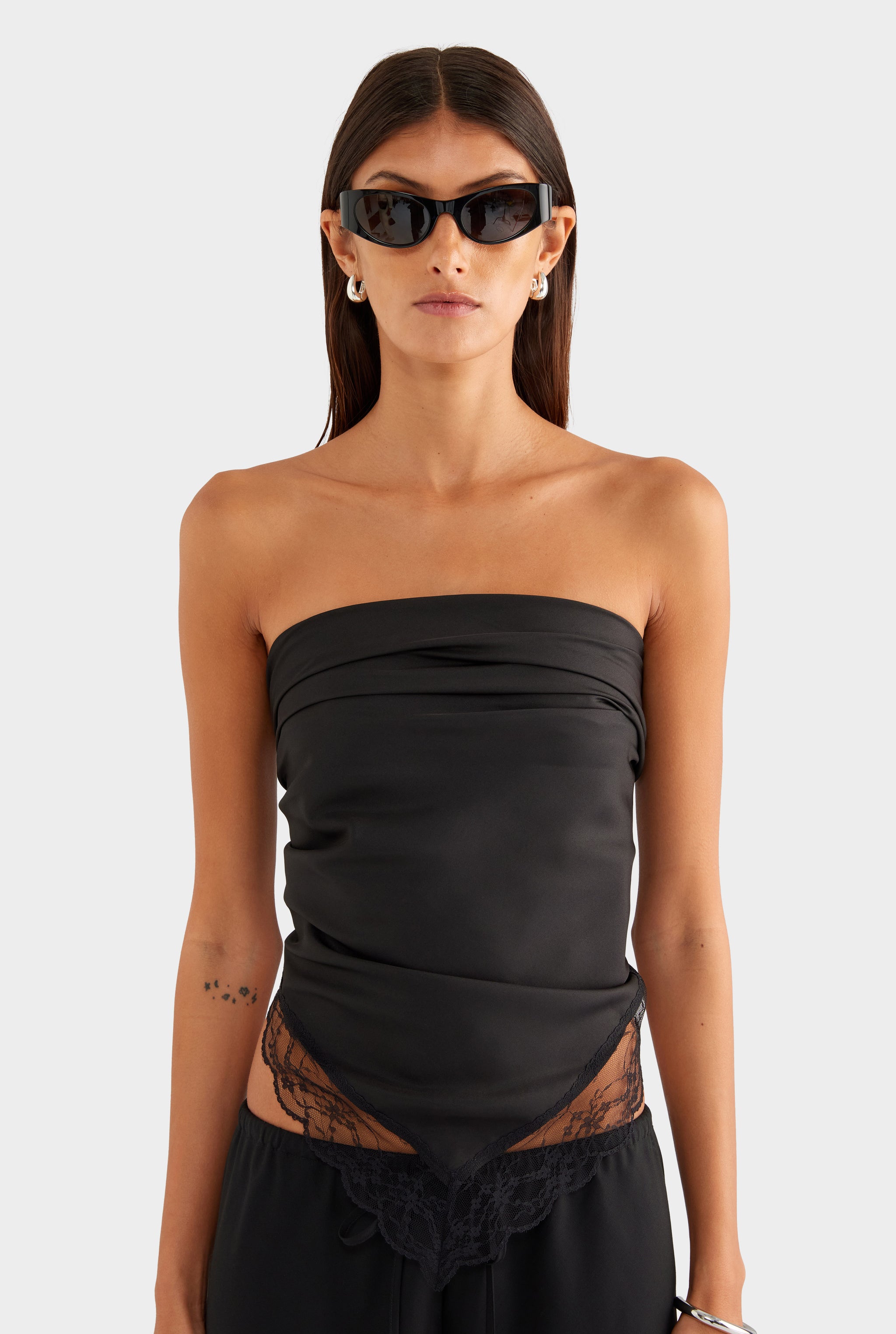 Lace Trim Silk Scarf - Black - OS